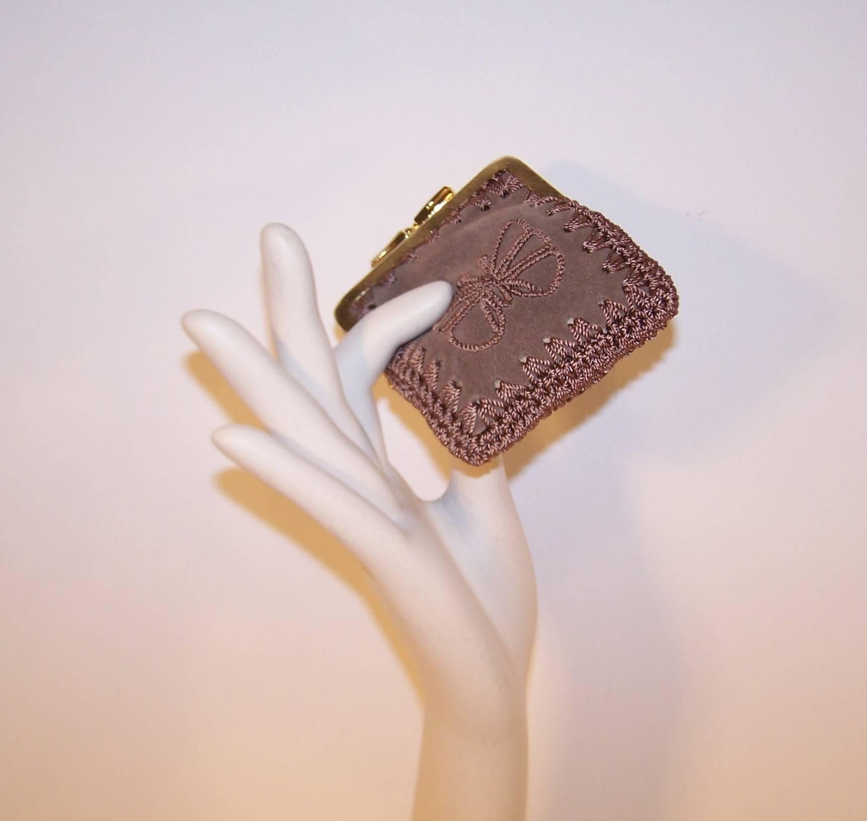 1970's Neiman Marcus Bohemian Suede Clutch With Crochet & Butterflies 3