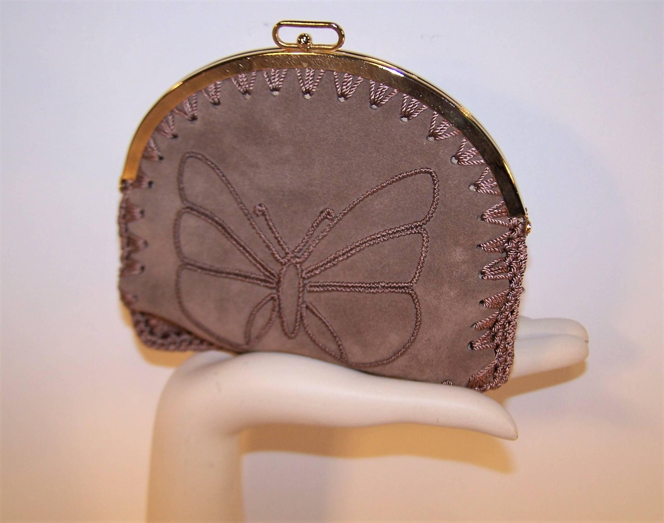 1970's Neiman Marcus Bohemian Suede Clutch With Crochet & Butterflies 2