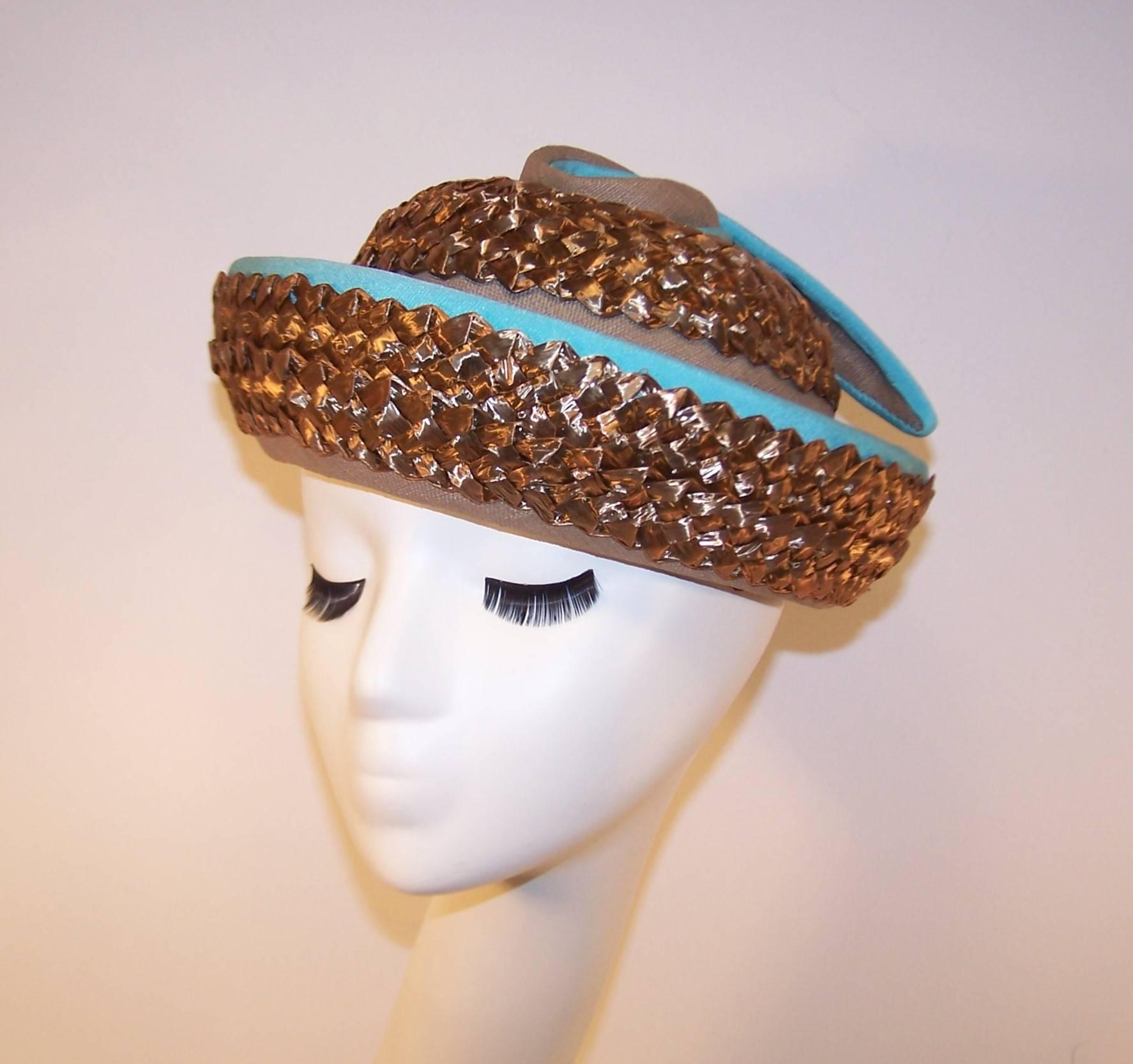 Green Bonta Creatrice Brown Linen & Straw Hat With Turquoise Details, 1960’s For Sale