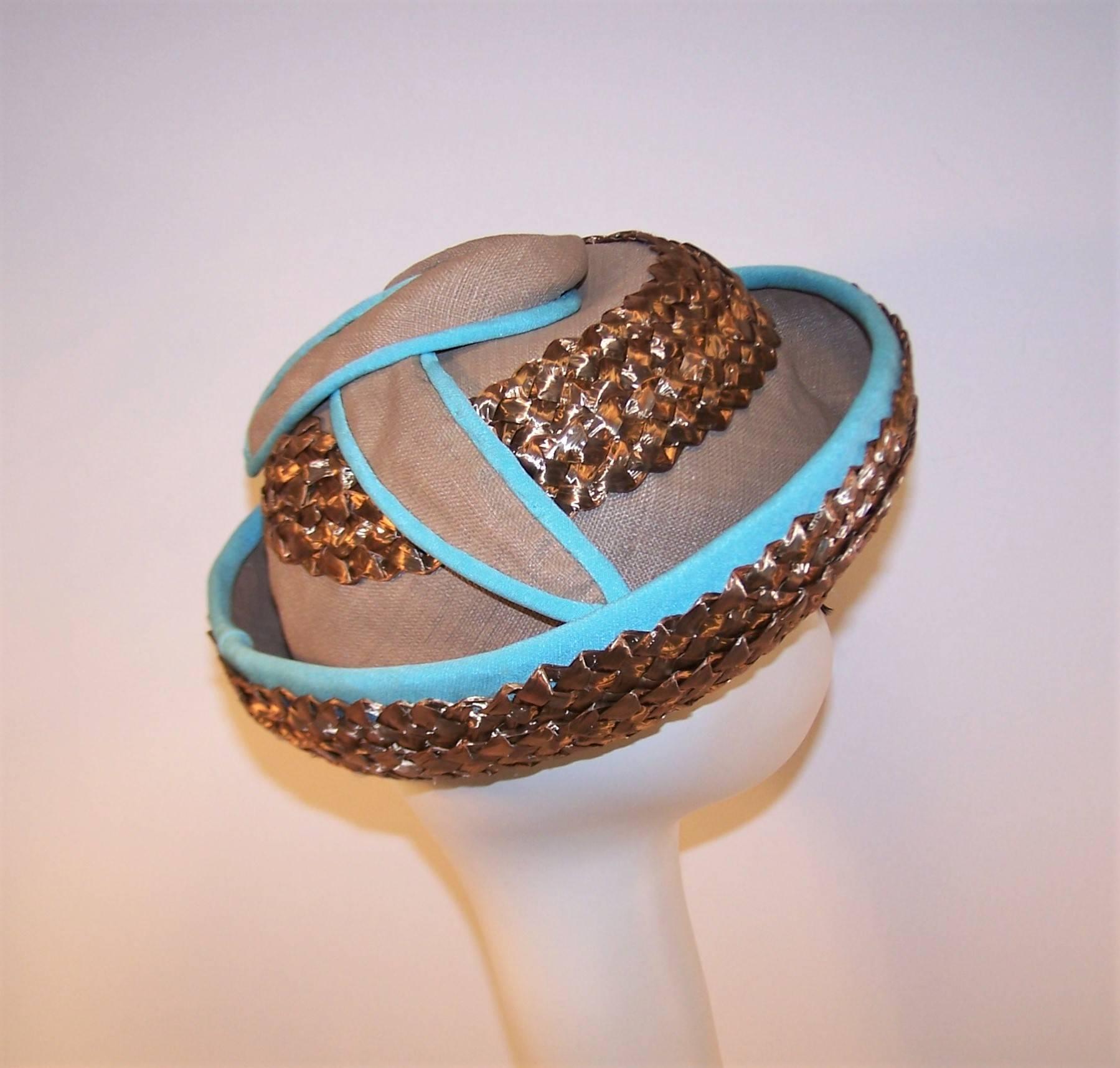 Bonta Creatrice Brown Linen & Straw Hat With Turquoise Details, 1960’s For Sale 1
