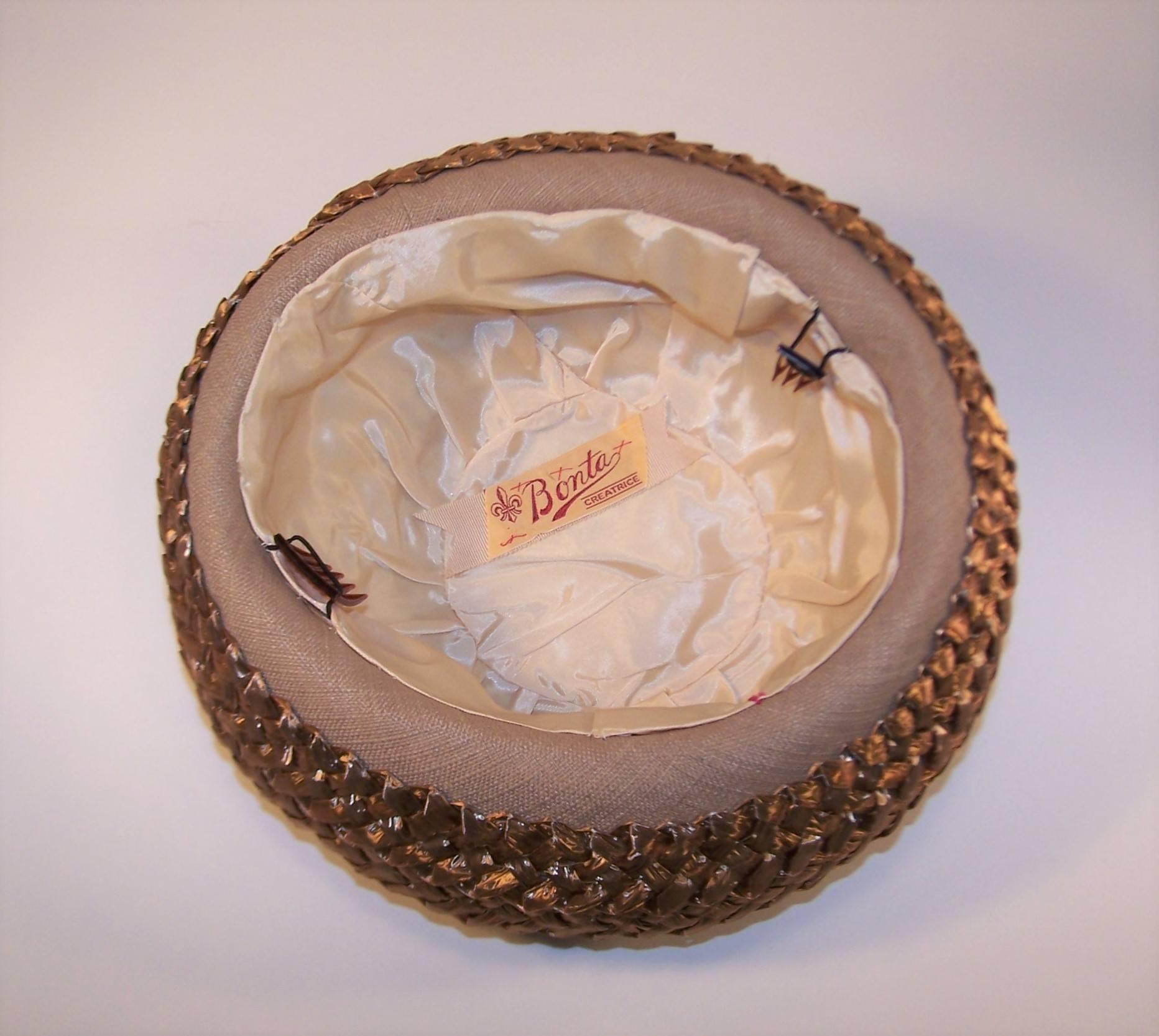 Bonta Creatrice Brown Linen & Straw Hat With Turquoise Details, 1960’s For Sale 3