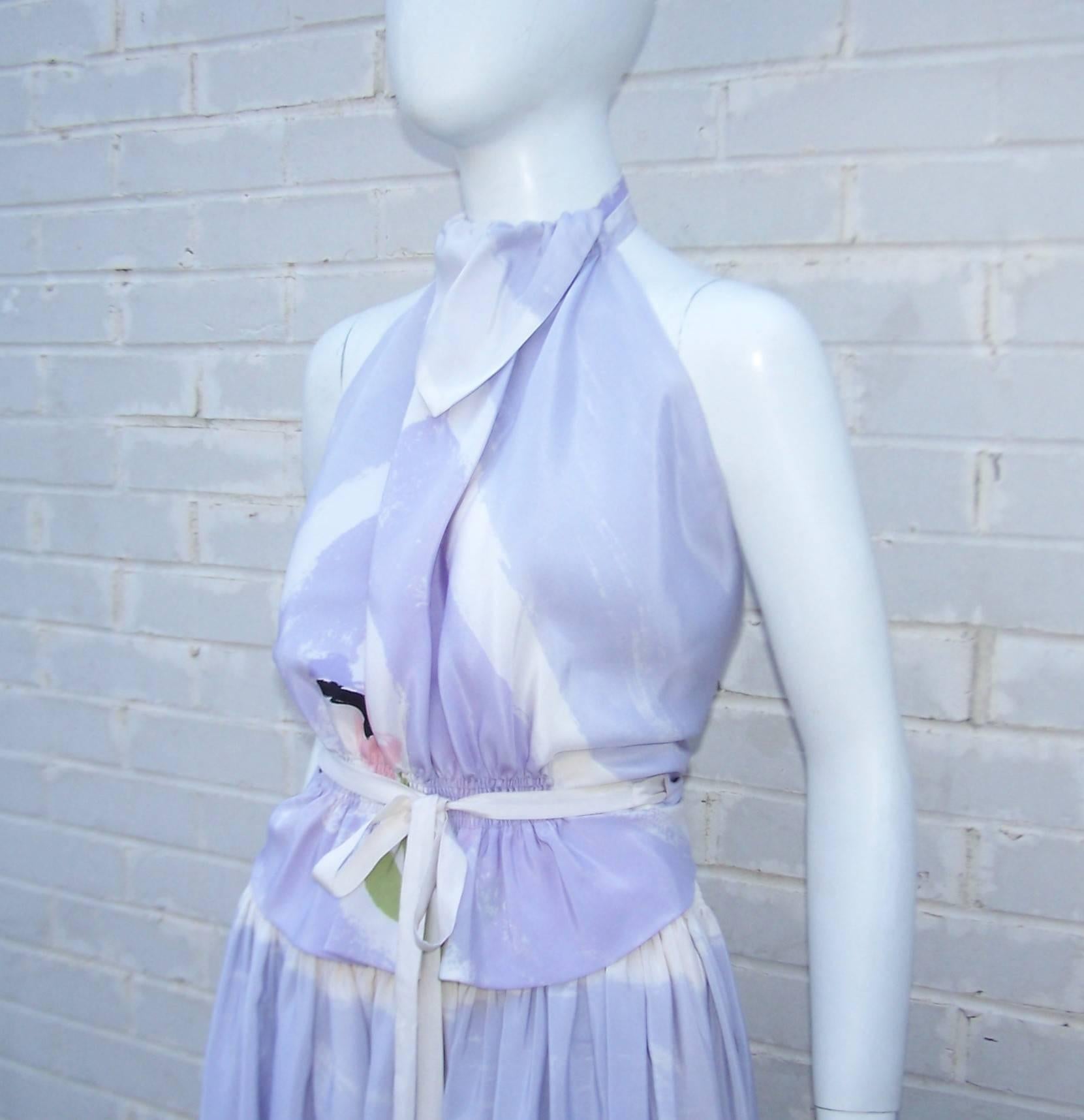 Blue Lovely 1970's Michaele Vollbracht Pastel Silk Halter Dress With Wrap