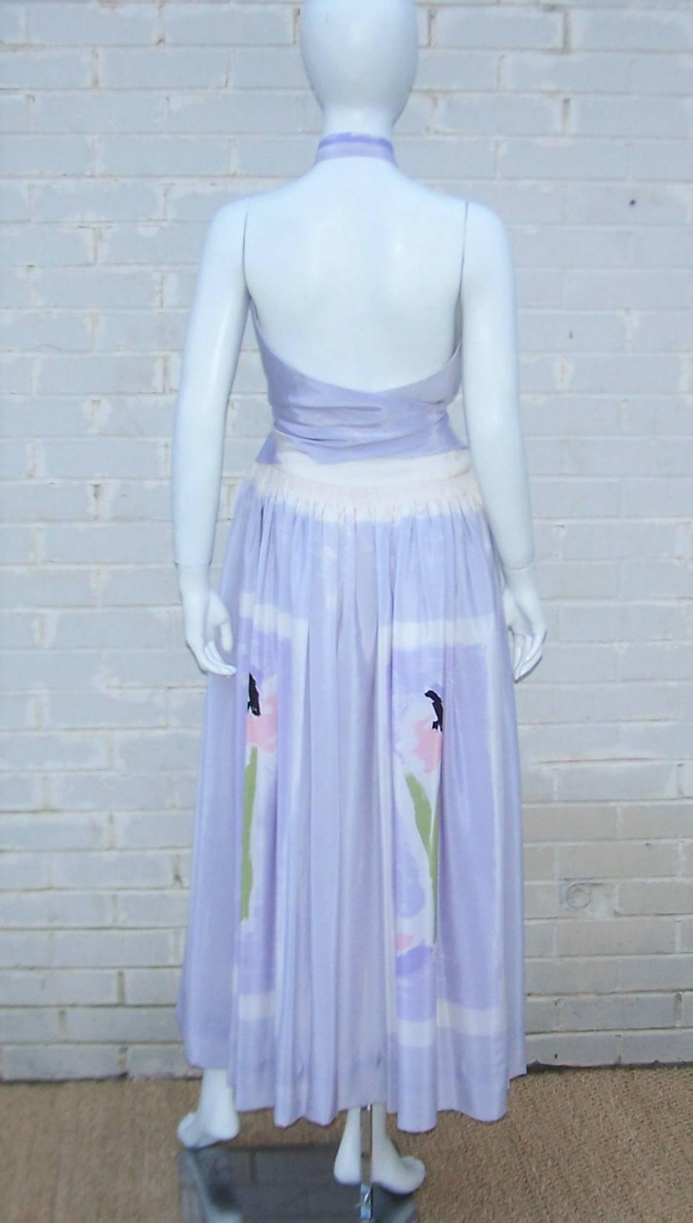 Lovely 1970's Michaele Vollbracht Pastel Silk Halter Dress With Wrap In Excellent Condition In Atlanta, GA
