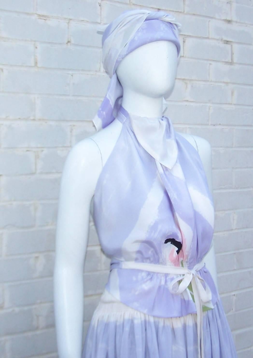 Lovely 1970's Michaele Vollbracht Pastel Silk Halter Dress With Wrap 1