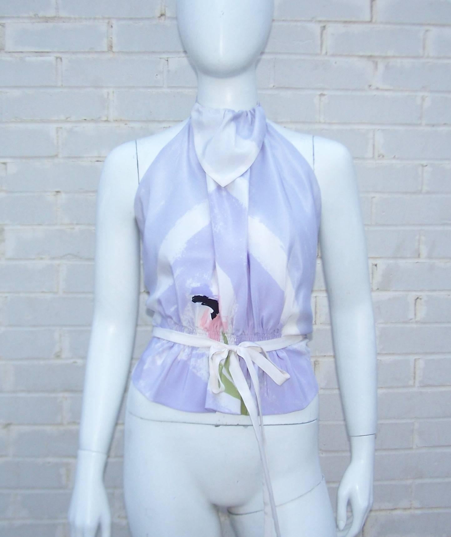Lovely 1970's Michaele Vollbracht Pastel Silk Halter Dress With Wrap 3