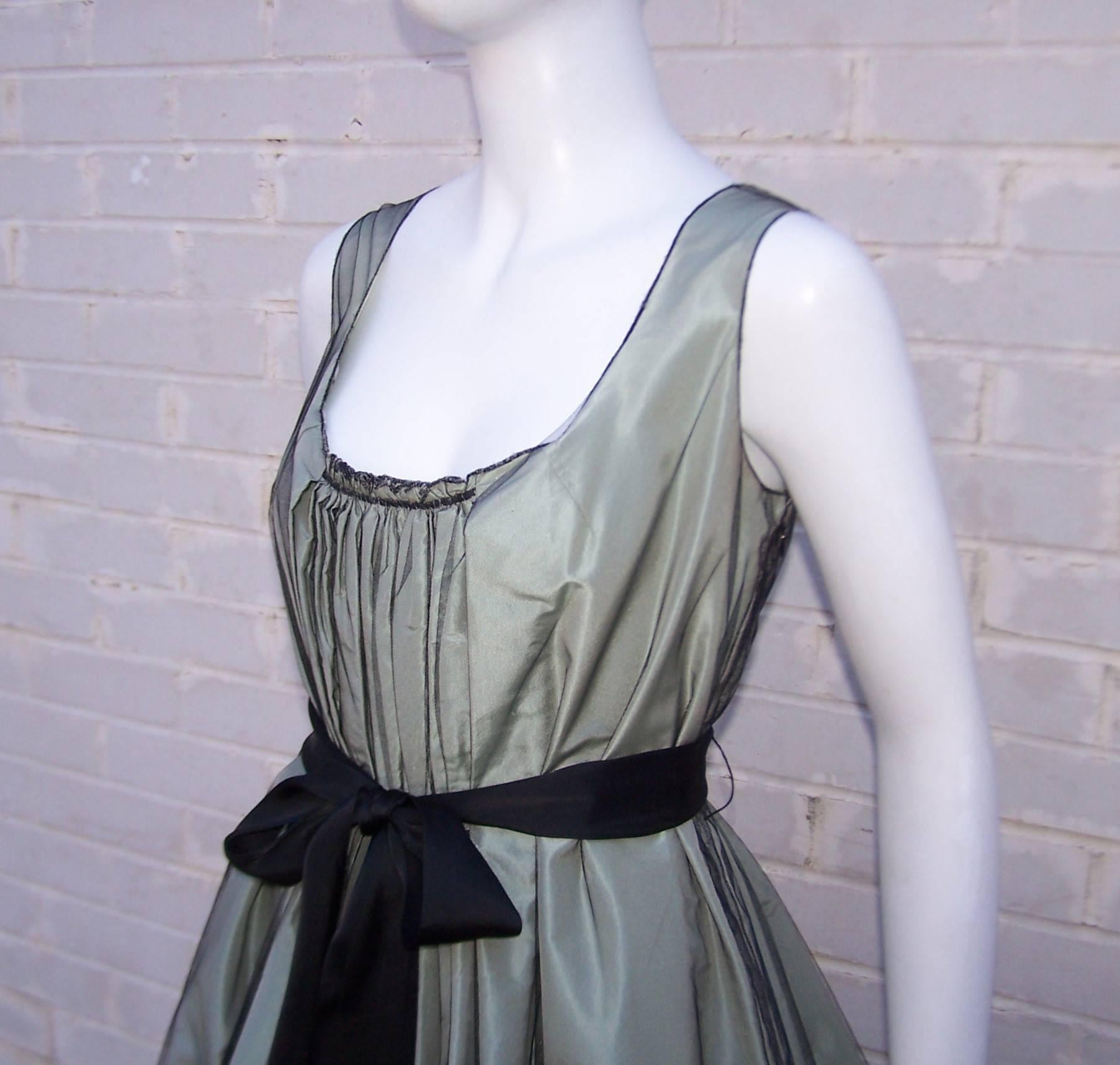 Gray C.2000 Oscar de la Renta Sage Green Taffeta Dress With Black Tulle Overlay 