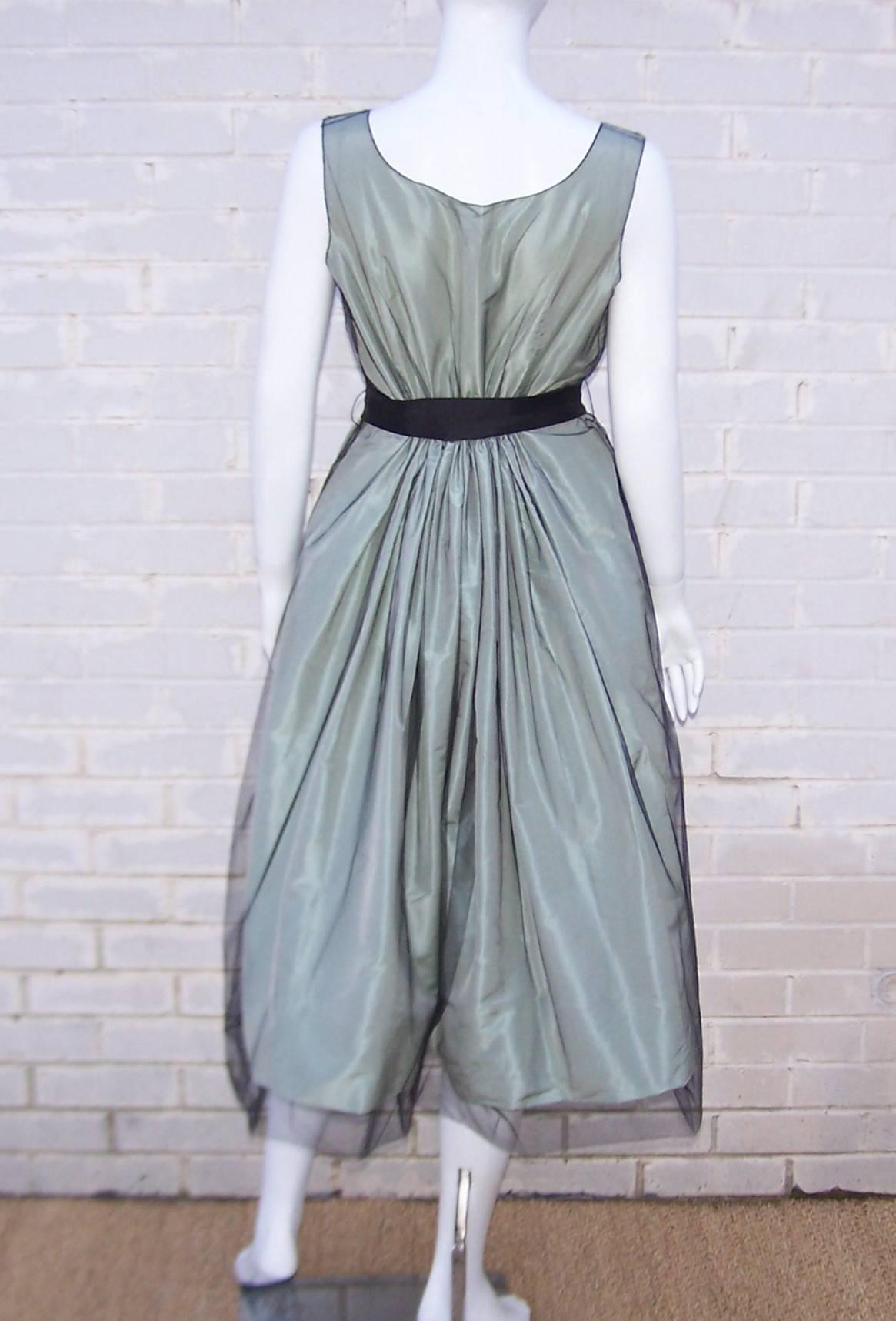 Women's C.2000 Oscar de la Renta Sage Green Taffeta Dress With Black Tulle Overlay 