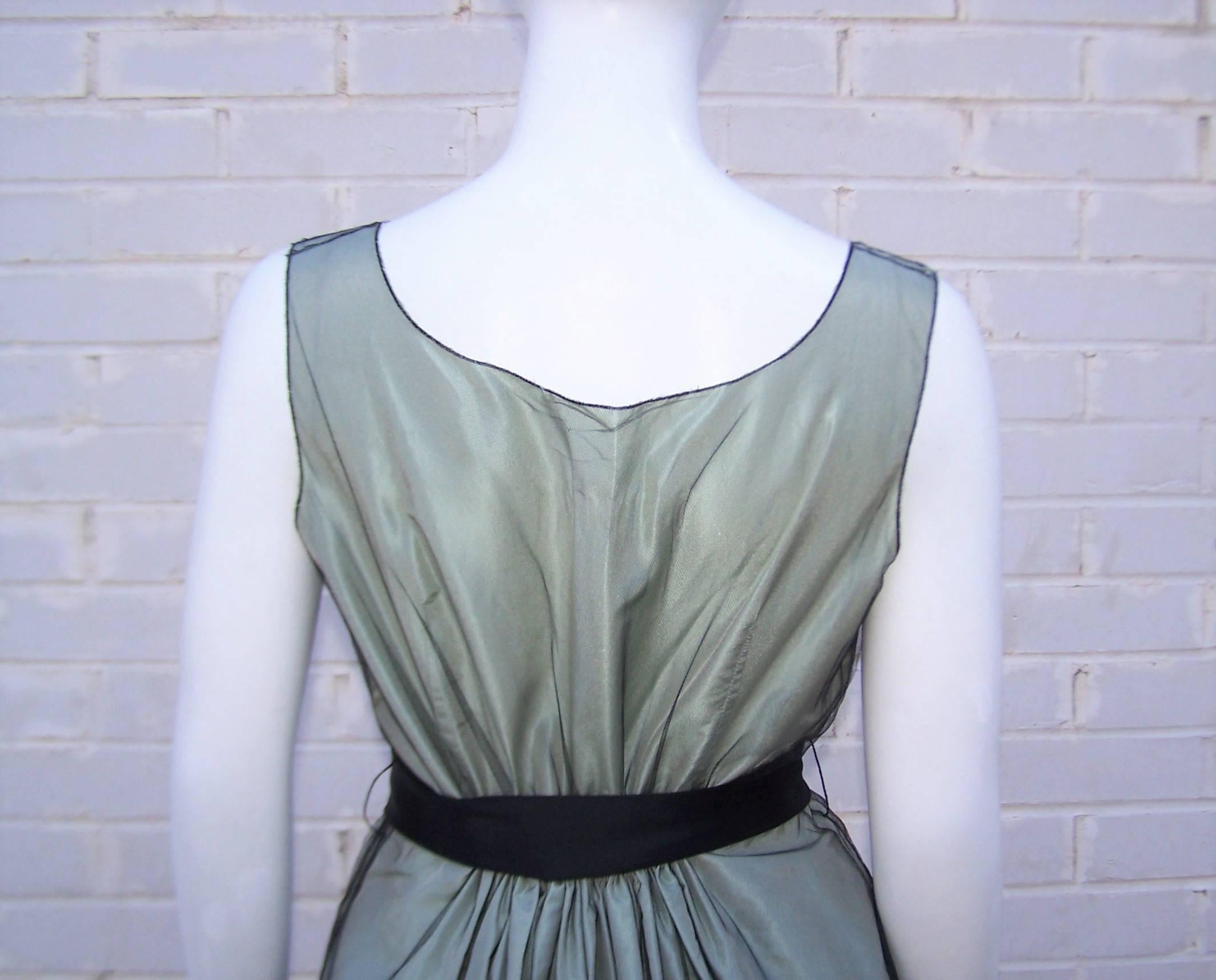 C.2000 Oscar de la Renta Sage Green Taffeta Dress With Black Tulle Overlay  1