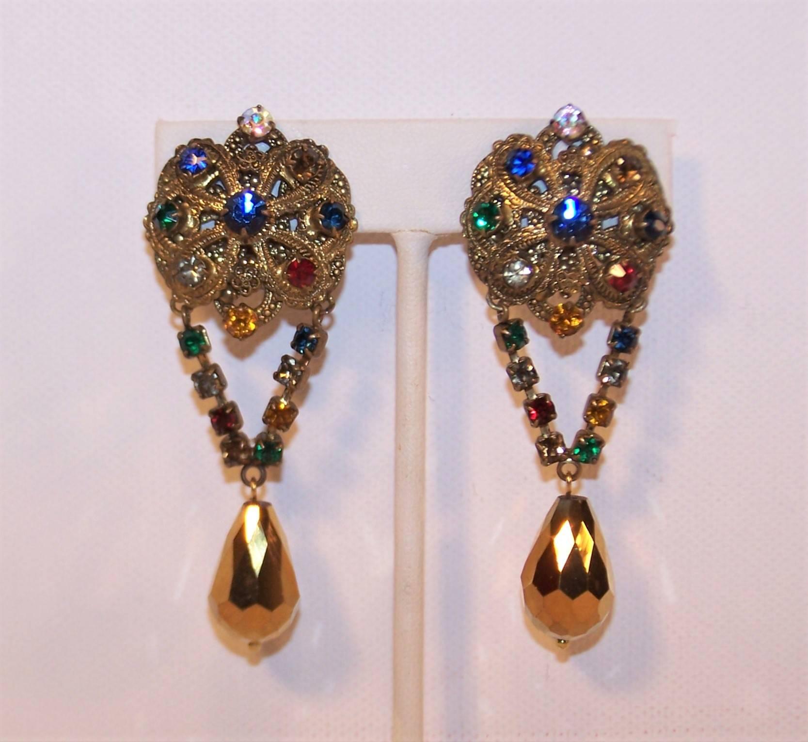 Empire Regal 1950's Ornate Antiqued Gold & Color Rhinestone Dangle Earrings