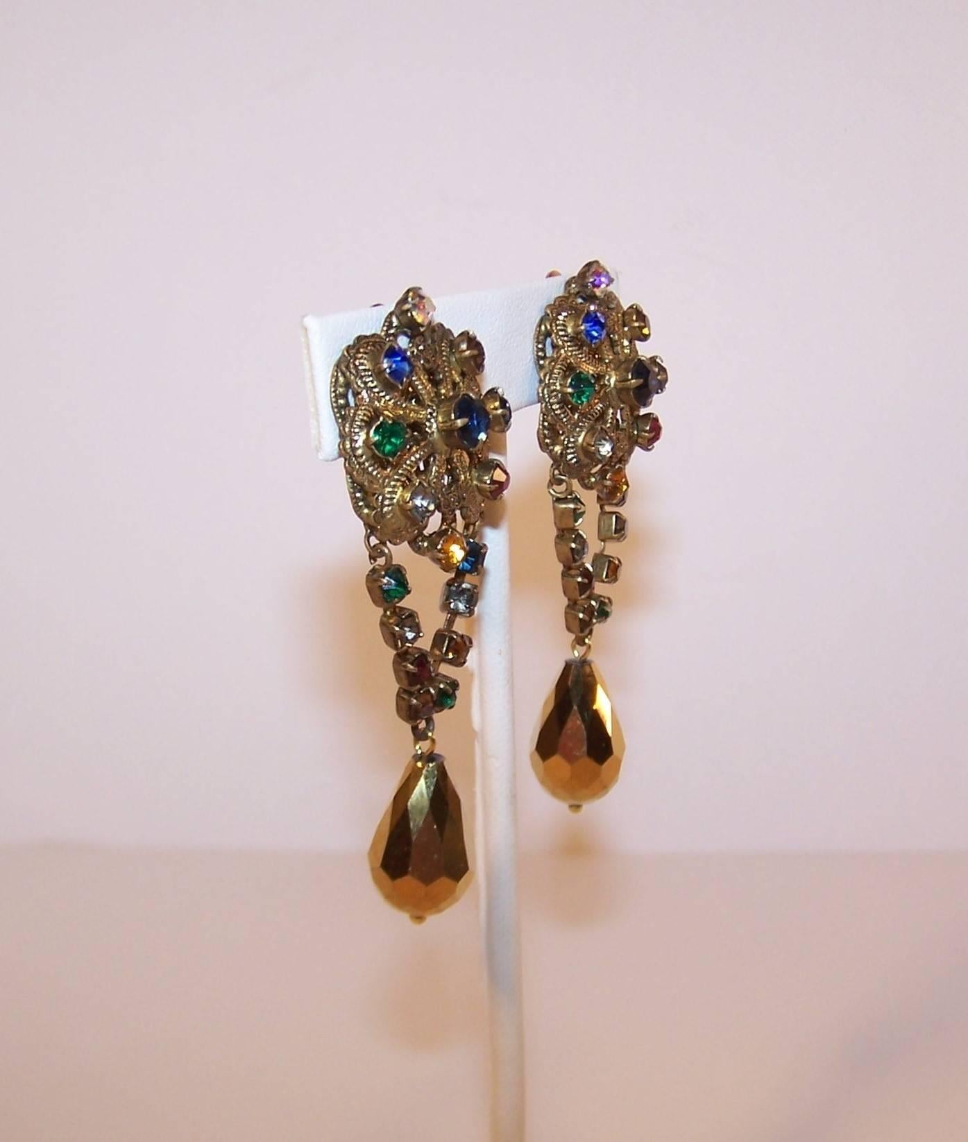 Regal 1950's Ornate Antiqued Gold & Color Rhinestone Dangle Earrings In Excellent Condition In Atlanta, GA