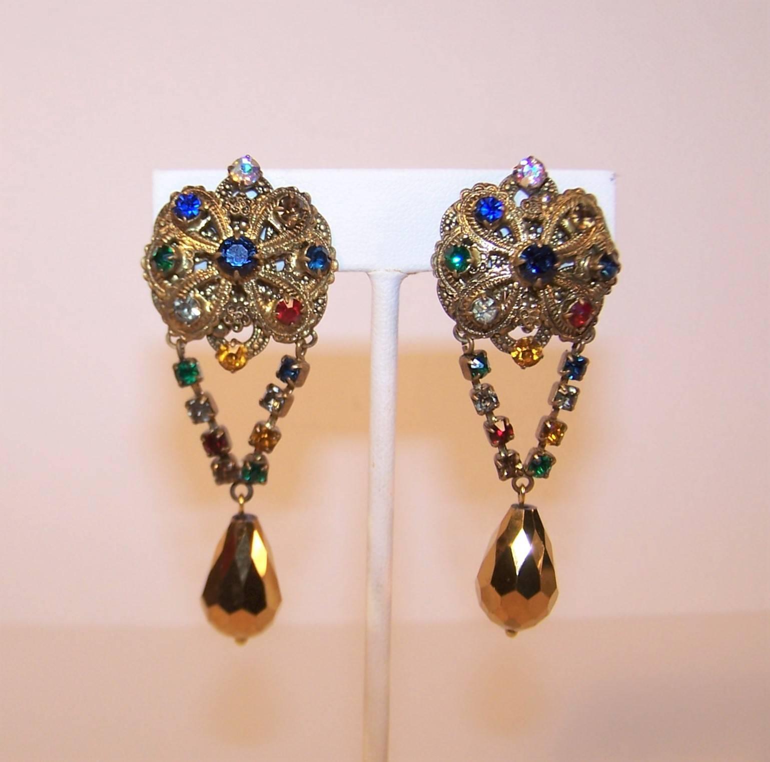 Women's Regal 1950's Ornate Antiqued Gold & Color Rhinestone Dangle Earrings