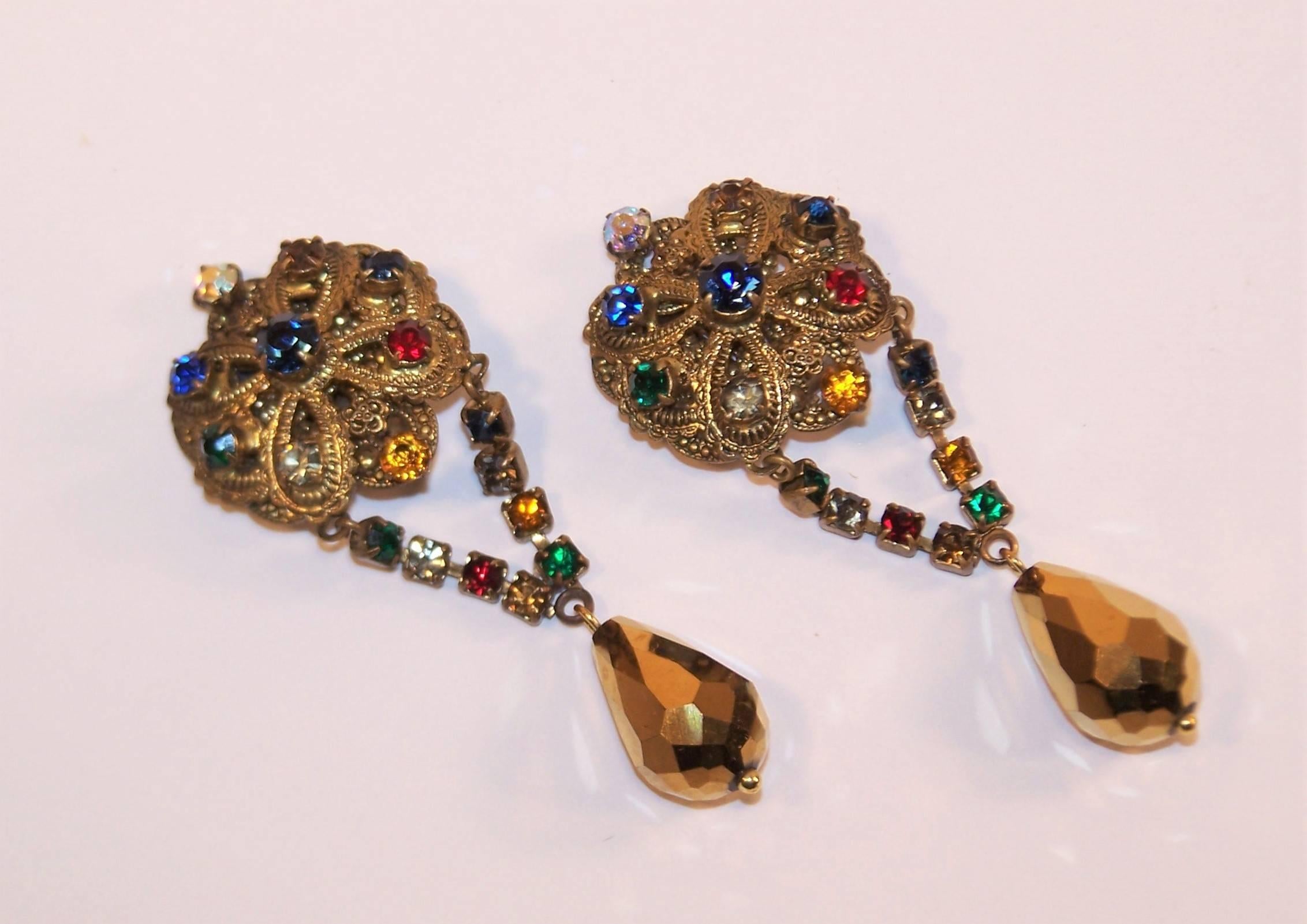 Regal 1950's Ornate Antiqued Gold & Color Rhinestone Dangle Earrings 1