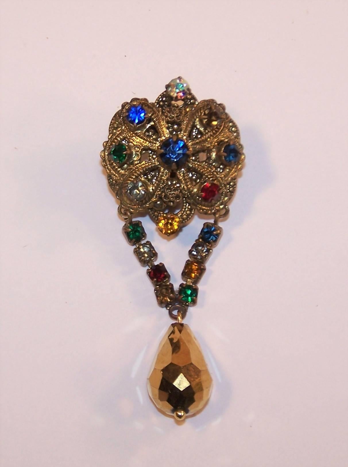 Regal 1950's Ornate Antiqued Gold & Color Rhinestone Dangle Earrings 2