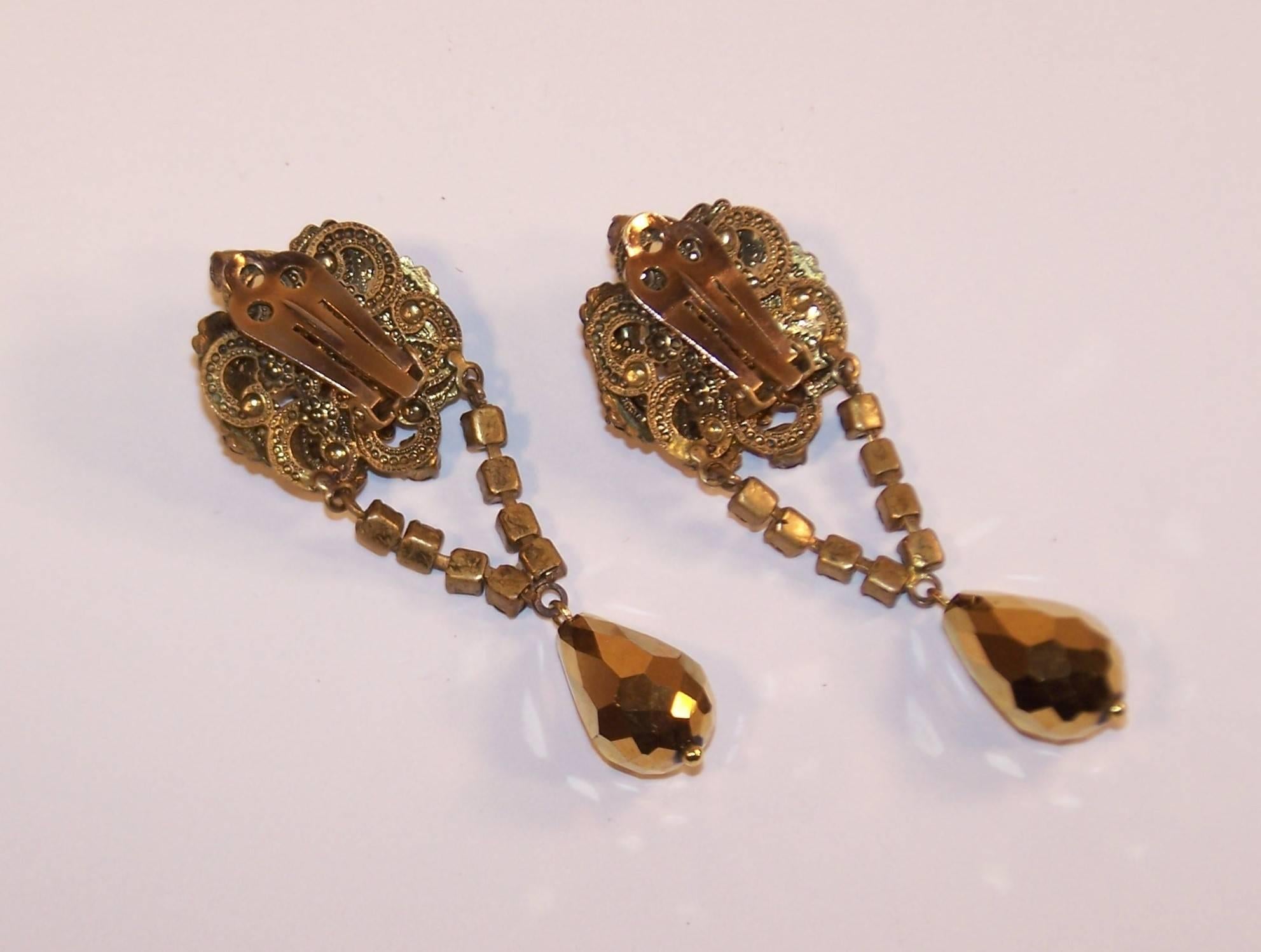 Regal 1950's Ornate Antiqued Gold & Color Rhinestone Dangle Earrings 3