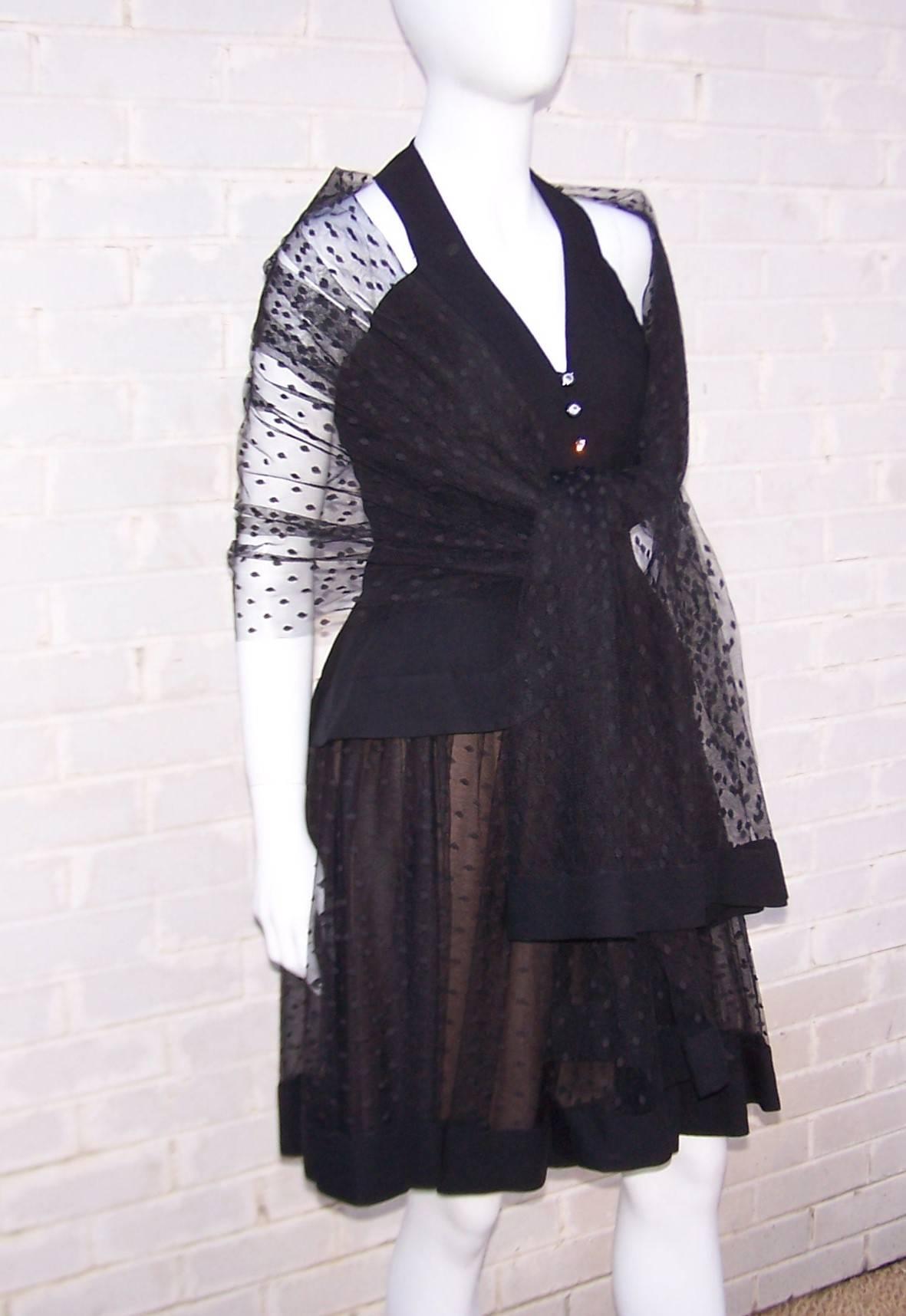 1980's Pauline Trigere Black Linen & Swiss Dot Tulle Halter Dress & Wrap In Excellent Condition In Atlanta, GA