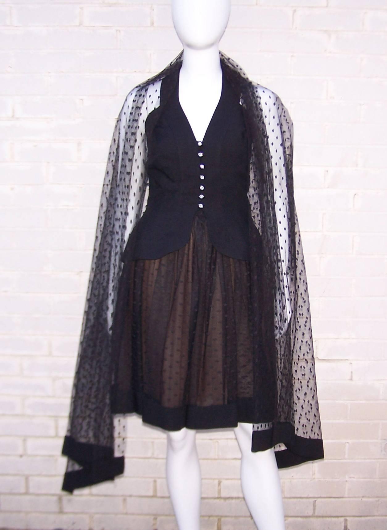 Women's 1980's Pauline Trigere Black Linen & Swiss Dot Tulle Halter Dress & Wrap
