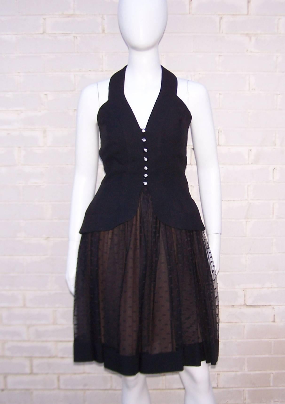 1980's Pauline Trigere Black Linen & Swiss Dot Tulle Halter Dress & Wrap 1
