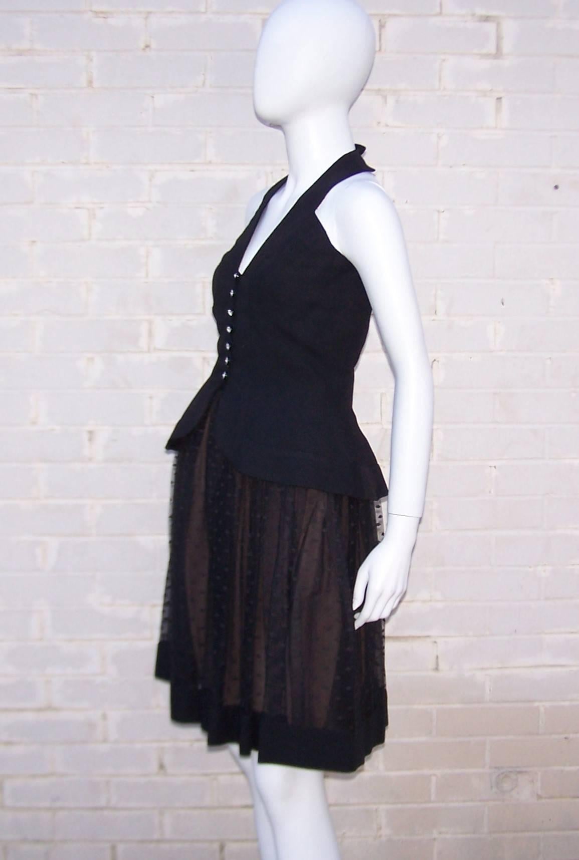 1980's Pauline Trigere Black Linen & Swiss Dot Tulle Halter Dress & Wrap 2