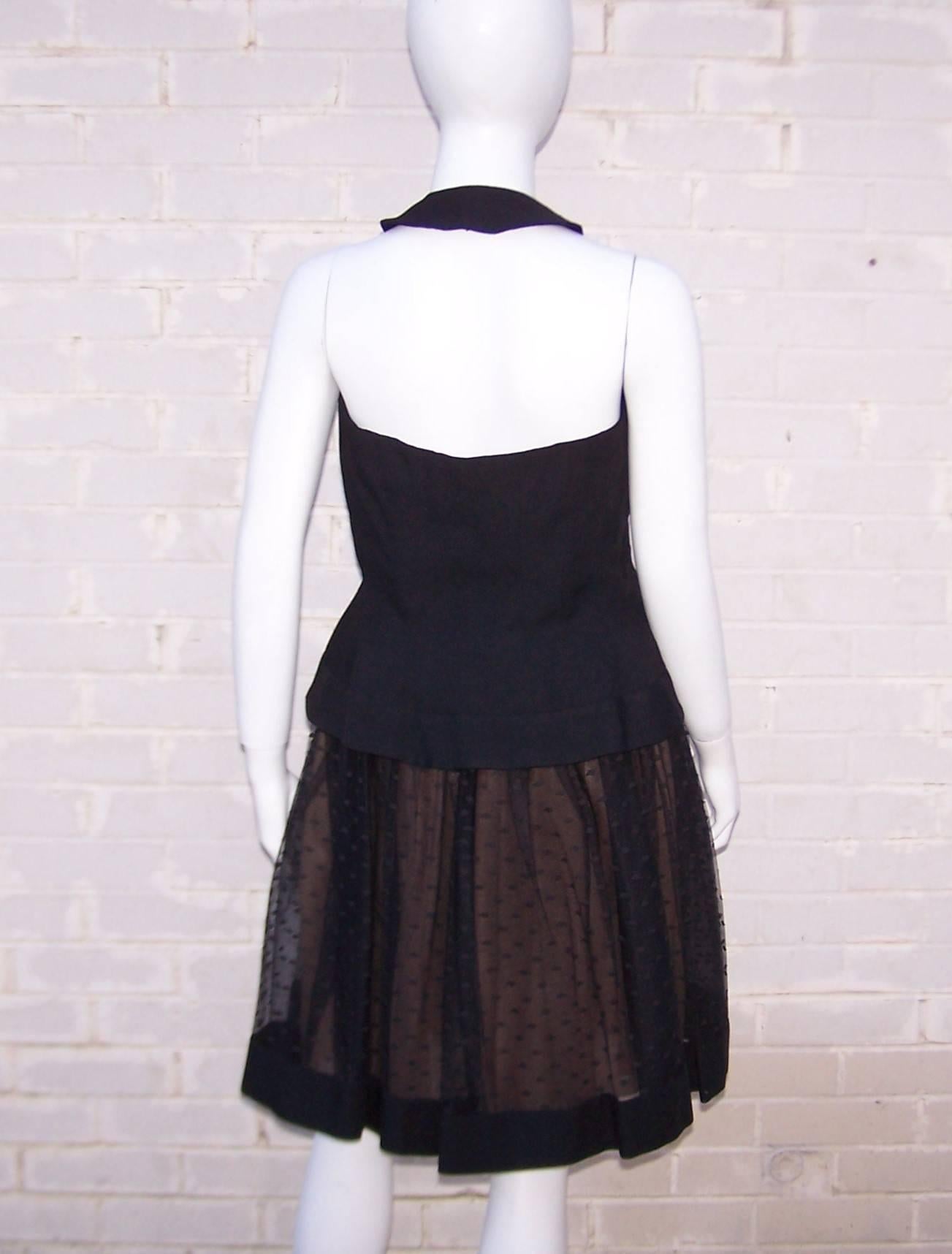 1980's Pauline Trigere Black Linen & Swiss Dot Tulle Halter Dress & Wrap 3