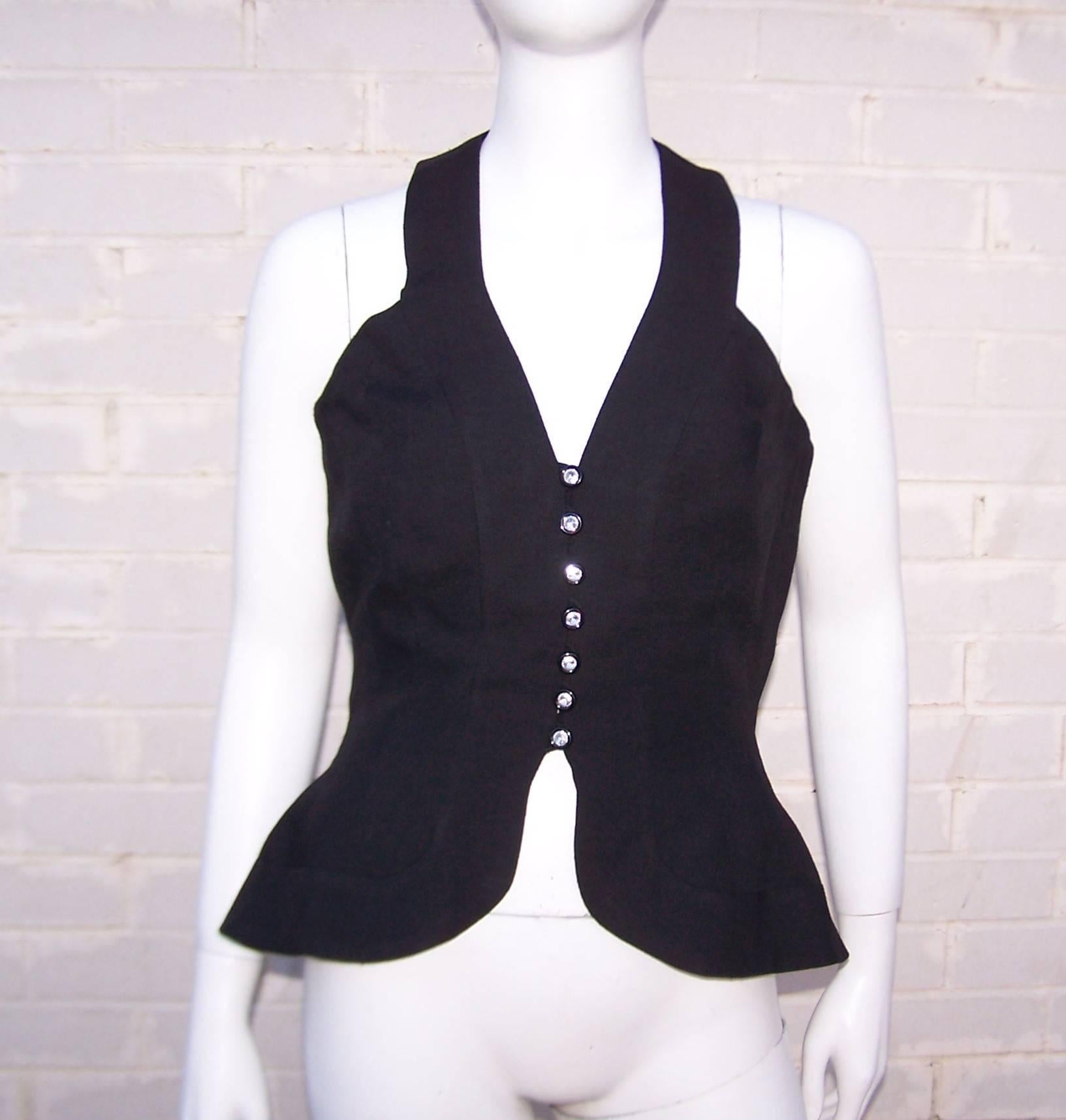1980's Pauline Trigere Black Linen & Swiss Dot Tulle Halter Dress & Wrap 4