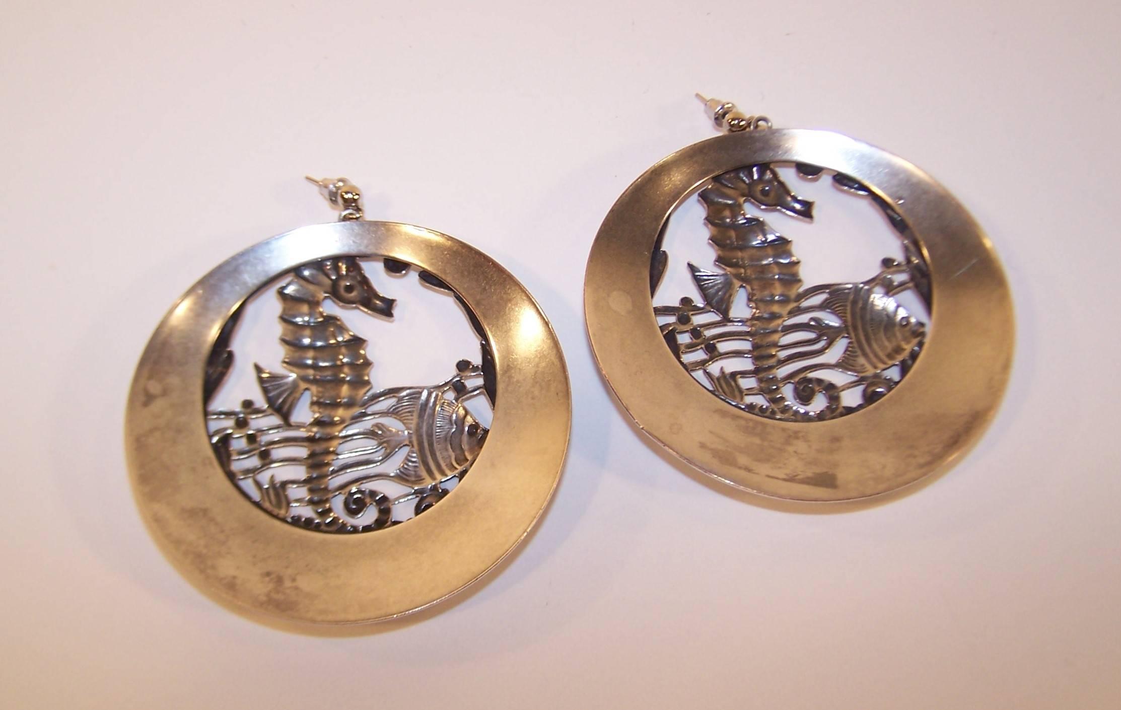 Large 1970's Silver Plate Sea Life Earrings 2