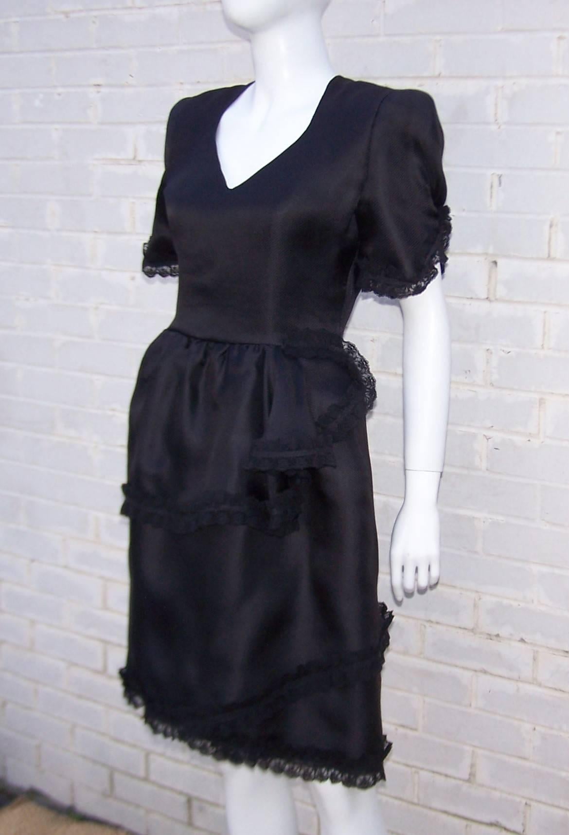 Lovely 1980's Carolina Herrera Tiered Black Silk Dress With Lace Details 1