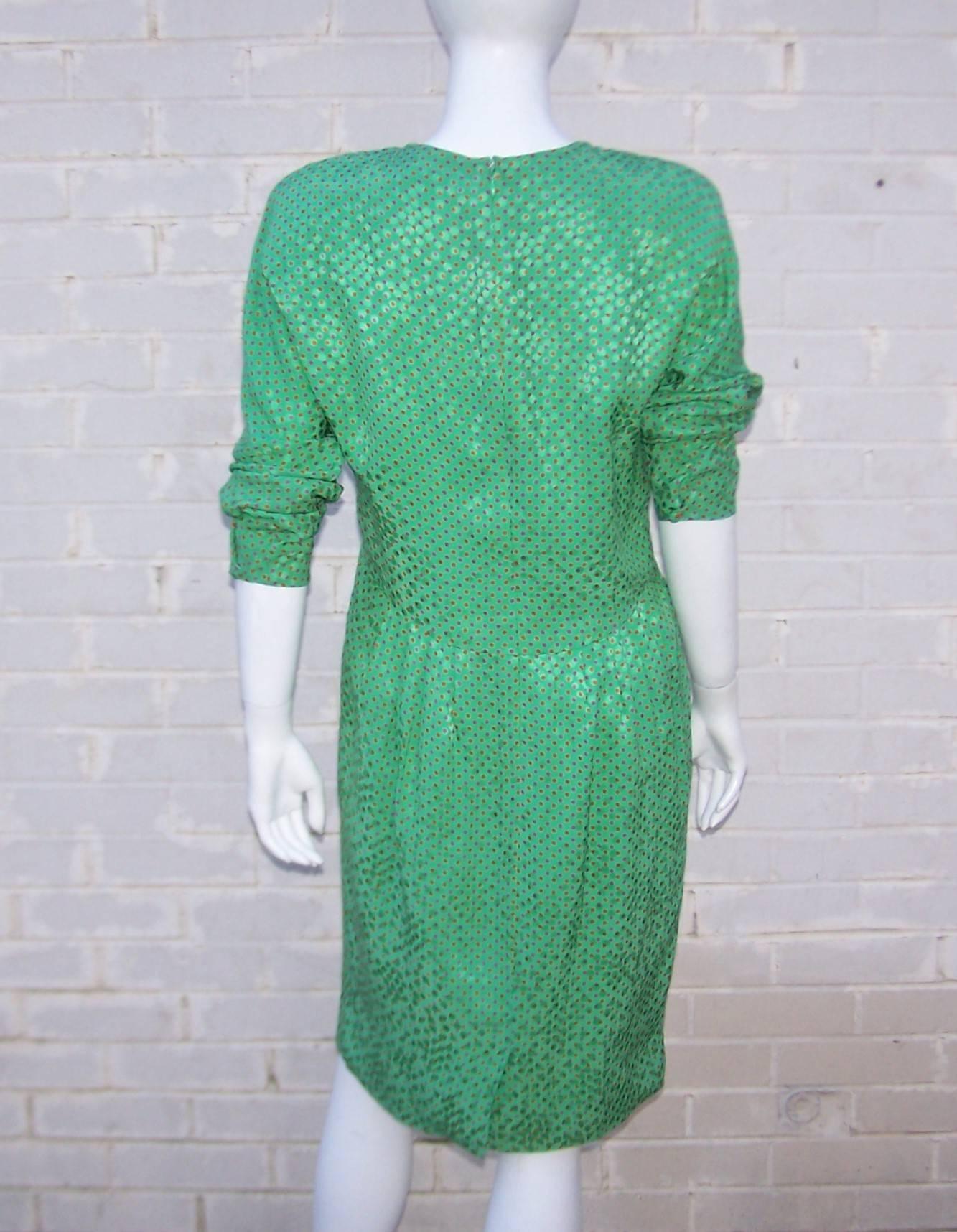 Women's Vibrant 1980's Hanae Mori Green Silk Jacquard Polka Dot Dress