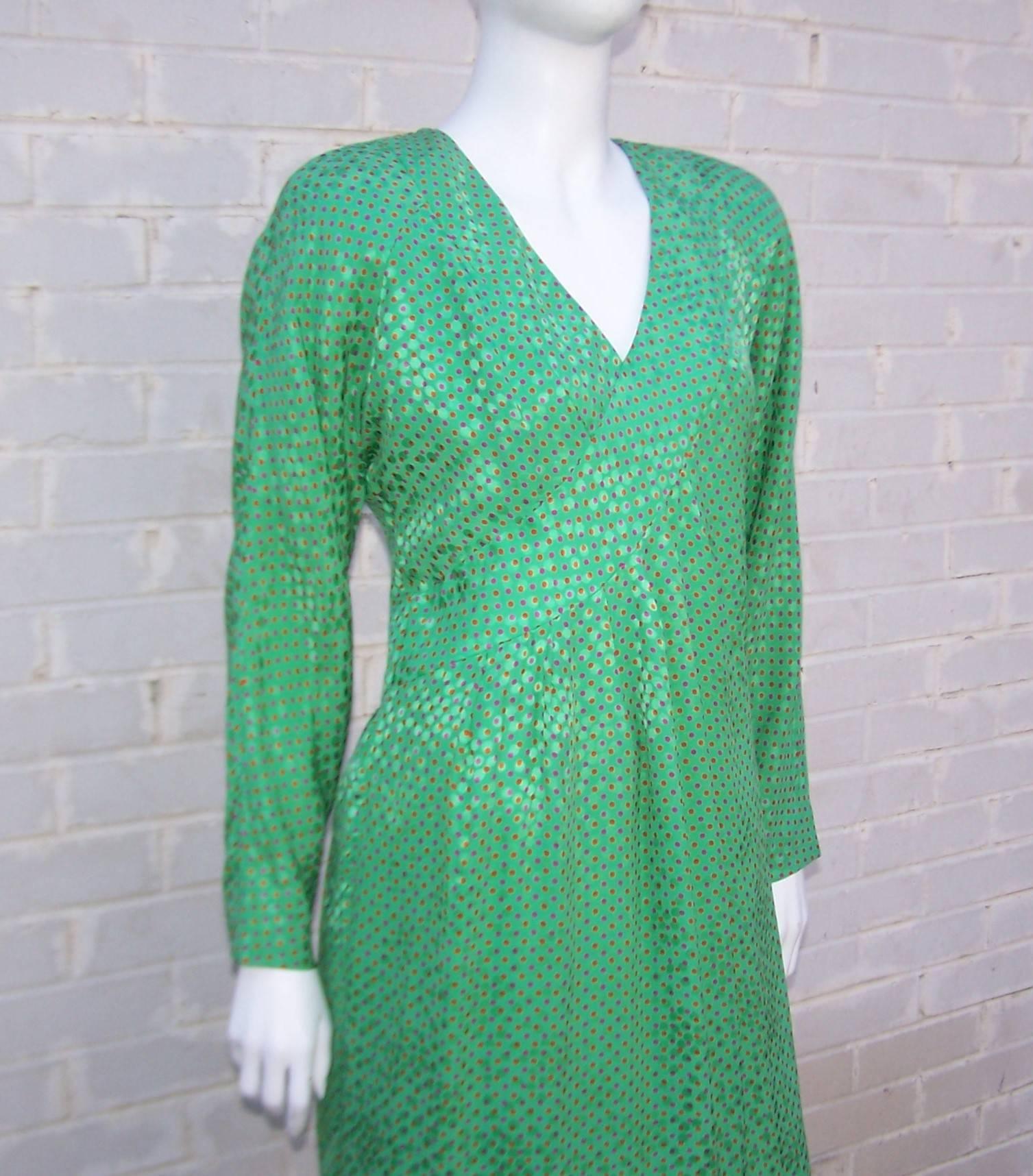 Vibrant 1980's Hanae Mori Green Silk Jacquard Polka Dot Dress 2