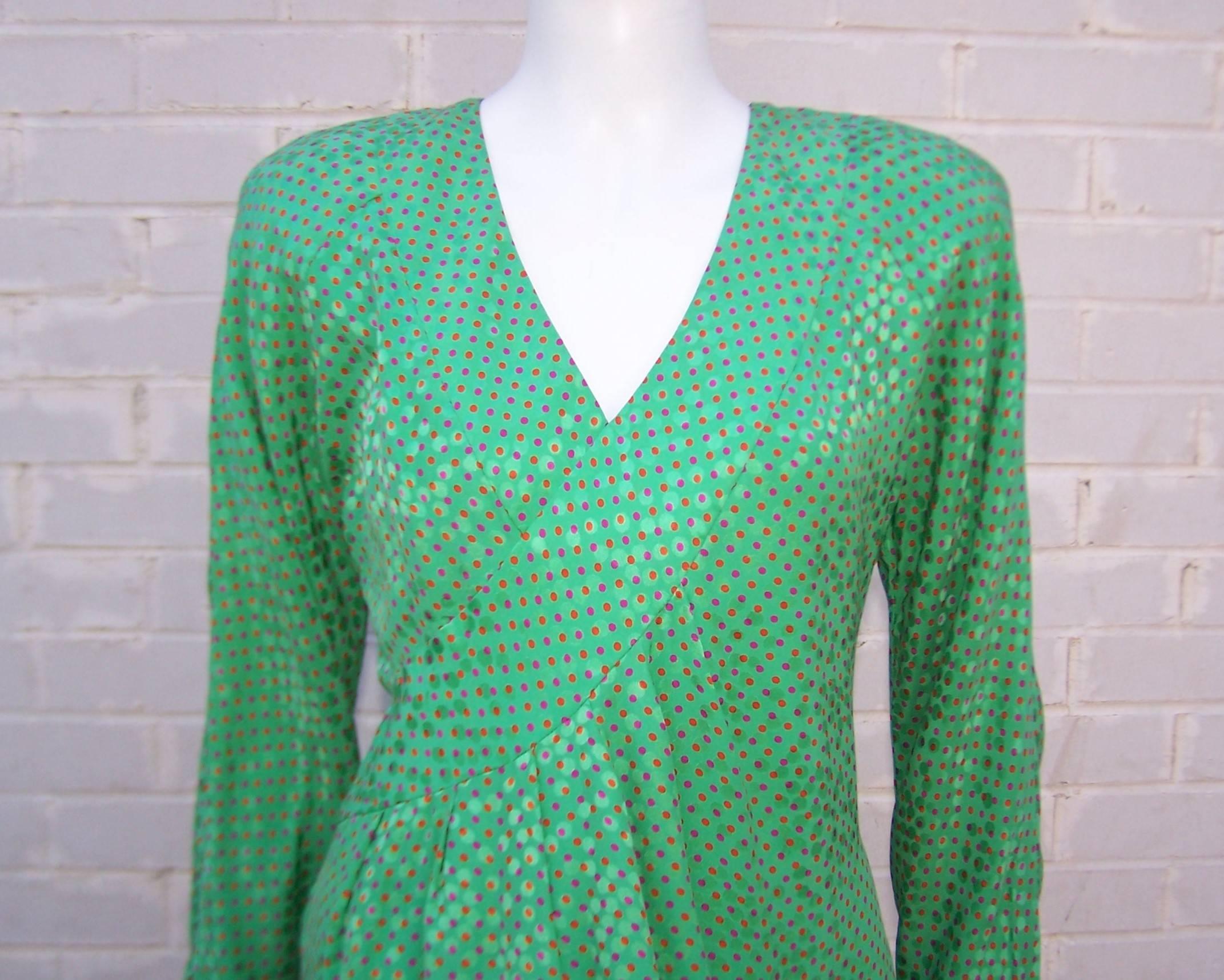 green silk polka dot dress