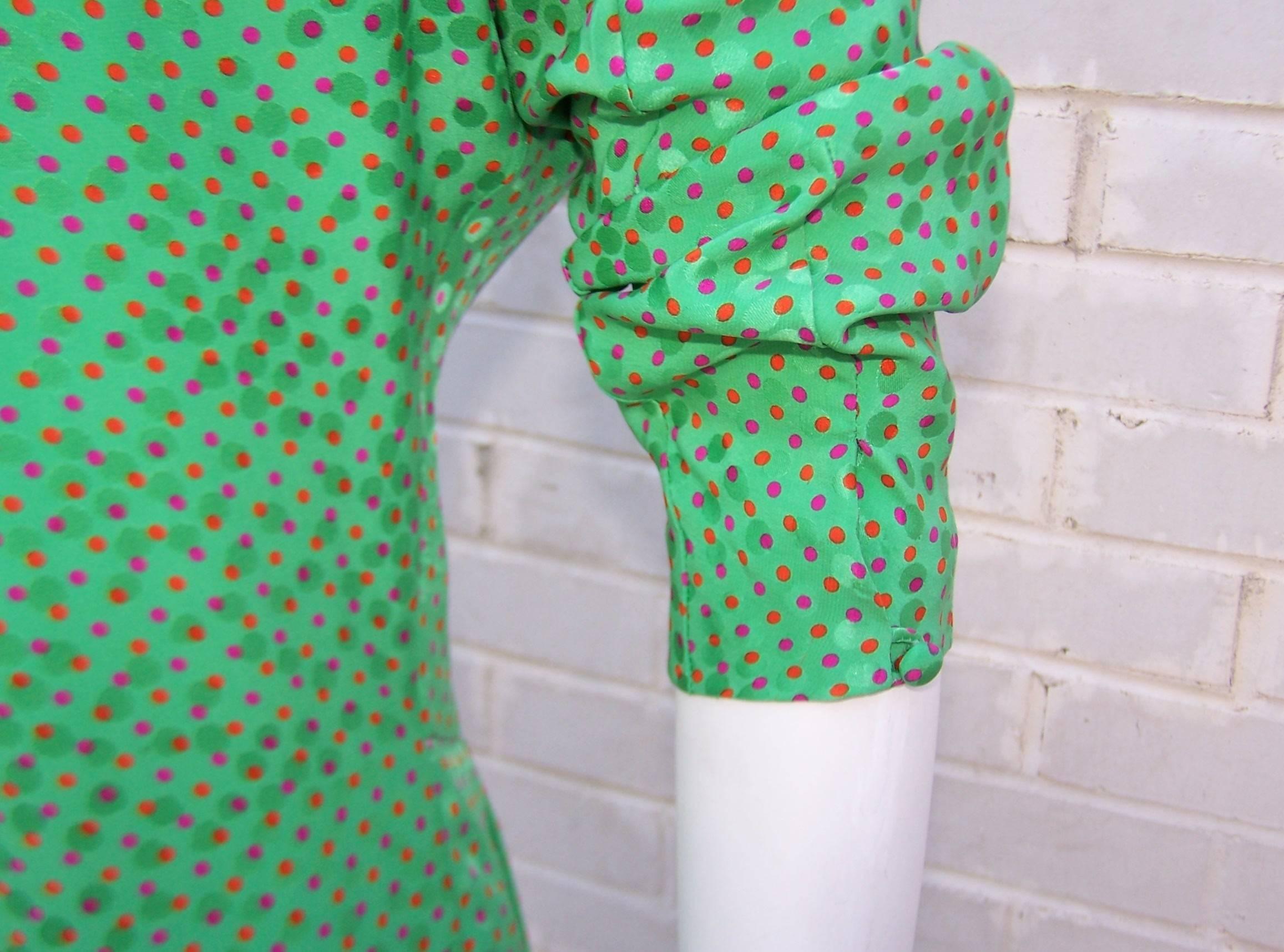 Vibrant 1980's Hanae Mori Green Silk Jacquard Polka Dot Dress 3