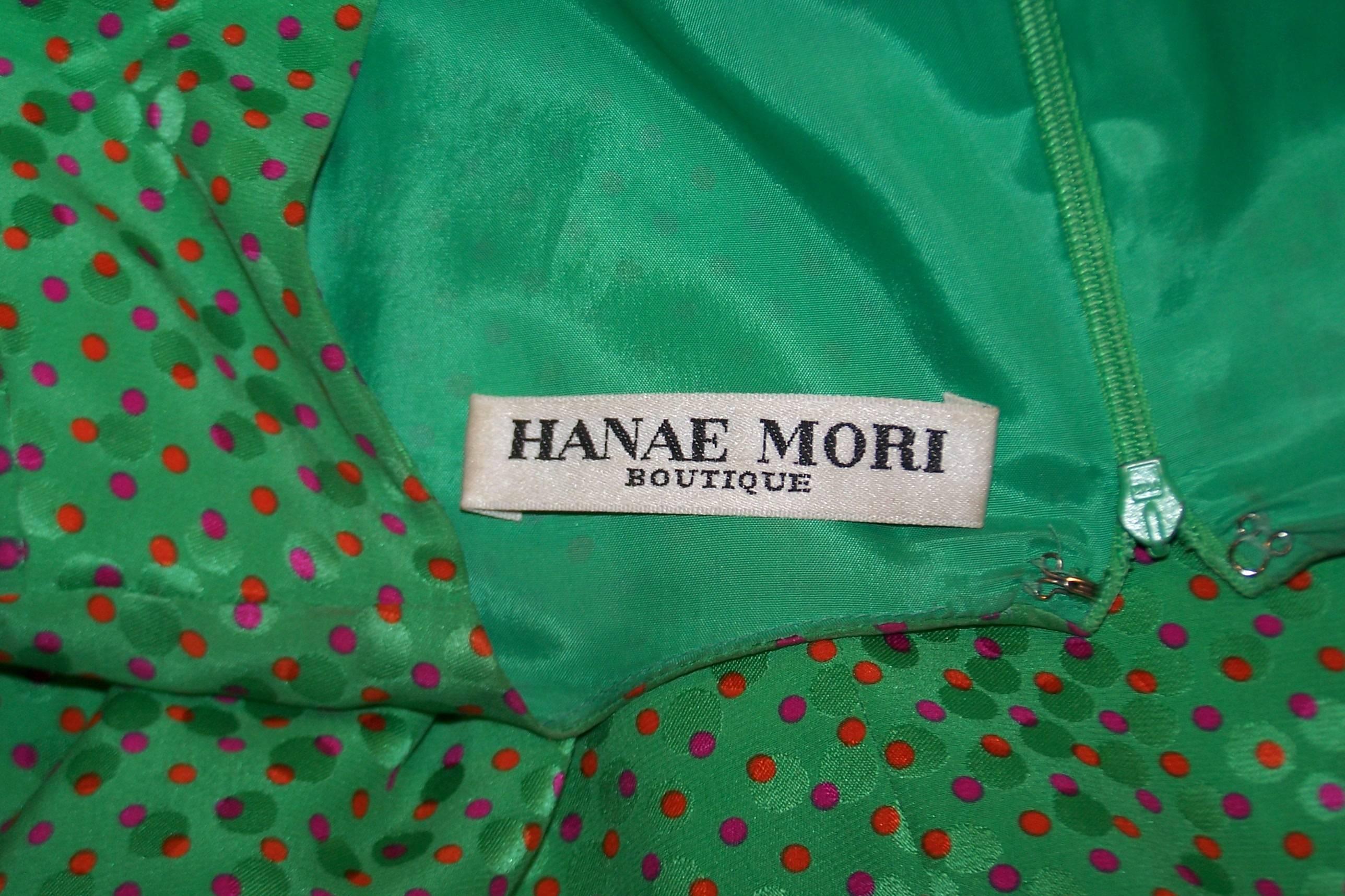 Vibrant 1980's Hanae Mori Green Silk Jacquard Polka Dot Dress 5