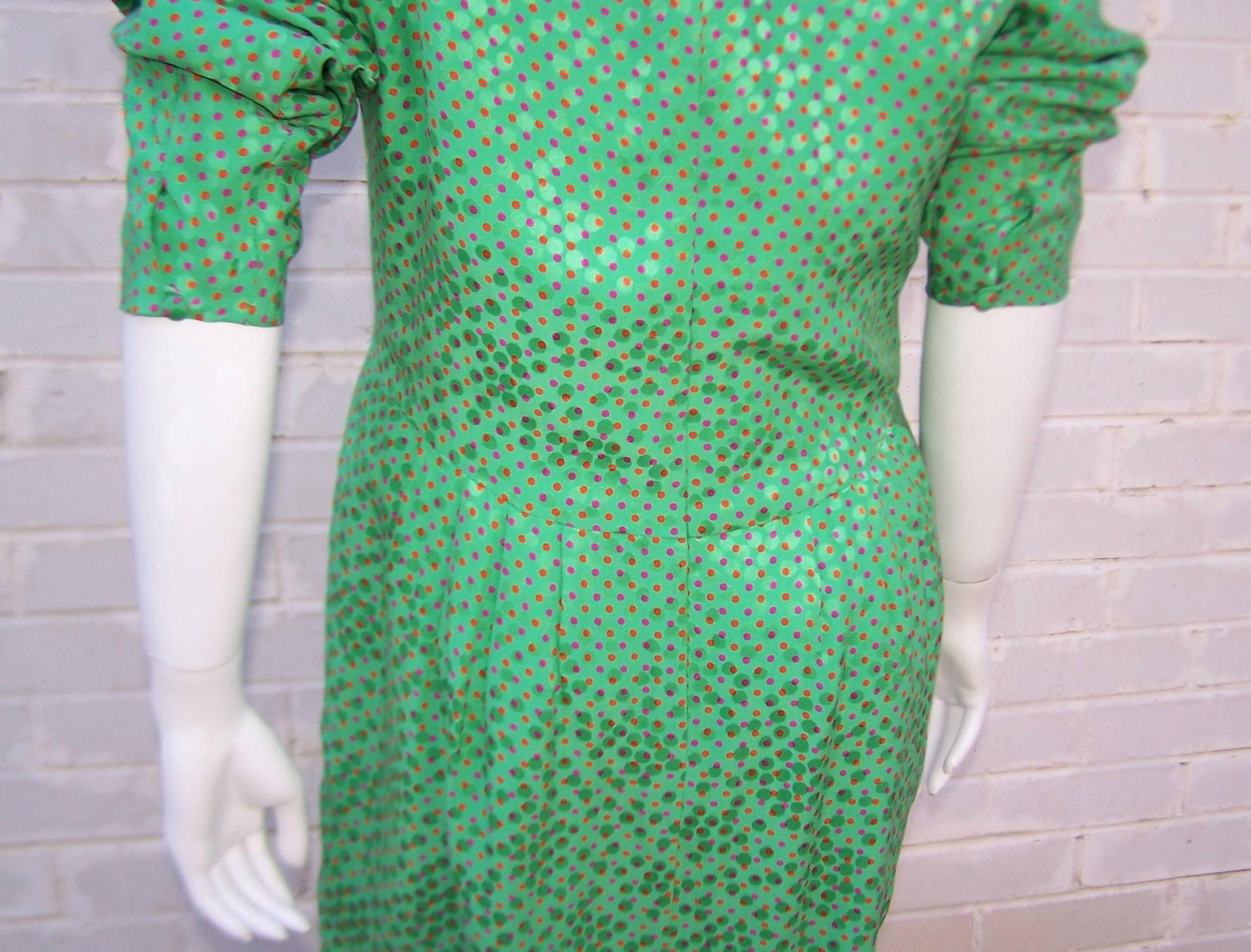 Vibrant 1980's Hanae Mori Green Silk Jacquard Polka Dot Dress 1