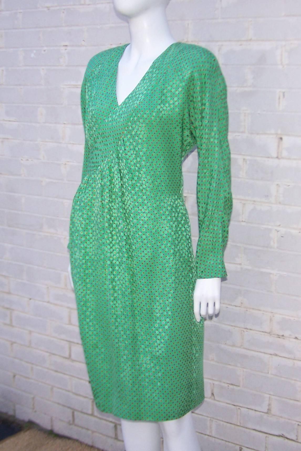 Vibrant 1980's Hanae Mori Green Silk Jacquard Polka Dot Dress In Excellent Condition In Atlanta, GA