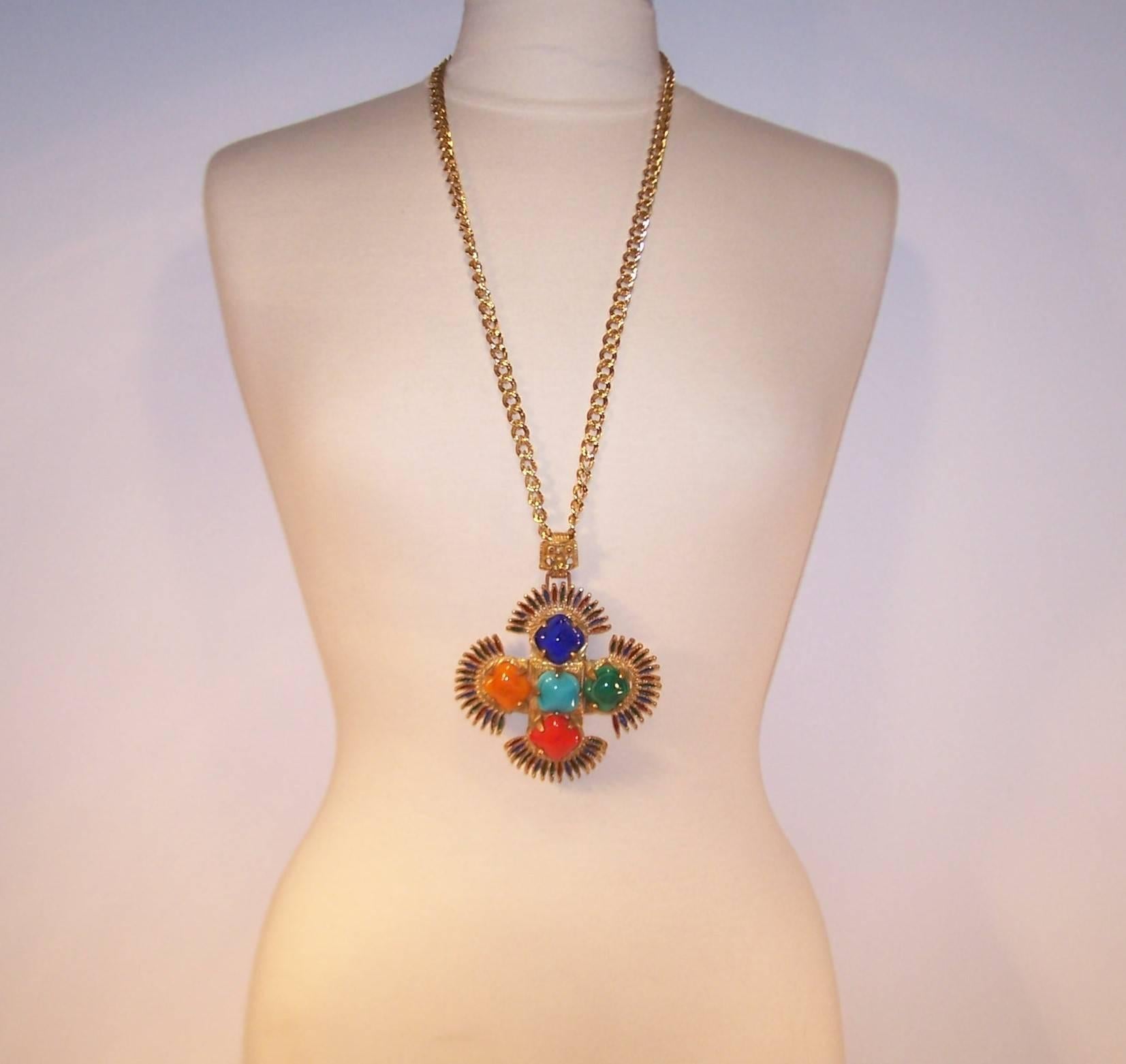 Statement making! ...Runway walking! ...Eye popping!  You name it and this 1970's medallion necklace by Larry Vrba for Castlecliff has it.  Mr. Vrba began his career producing exotic designs for Miriam Haskell.  This medallion necklace is part of a