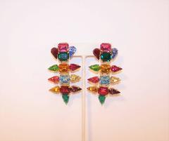 Fun 1980's Multi Color Rhinestone Articulated Dangle Earrings
