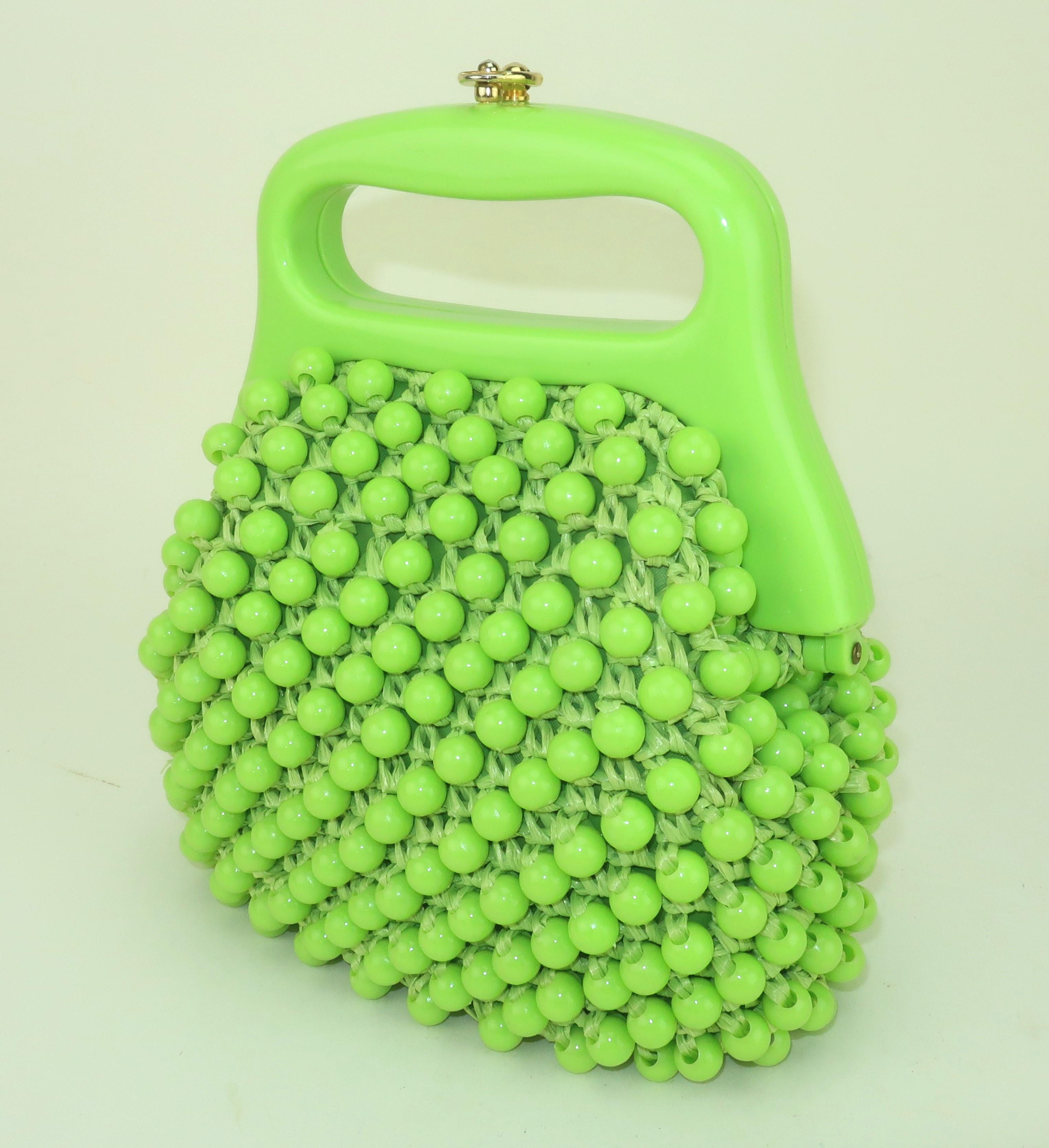 Vert Marcus Brothers Italian Green Beaded Straw Handbag, C.1960 en vente