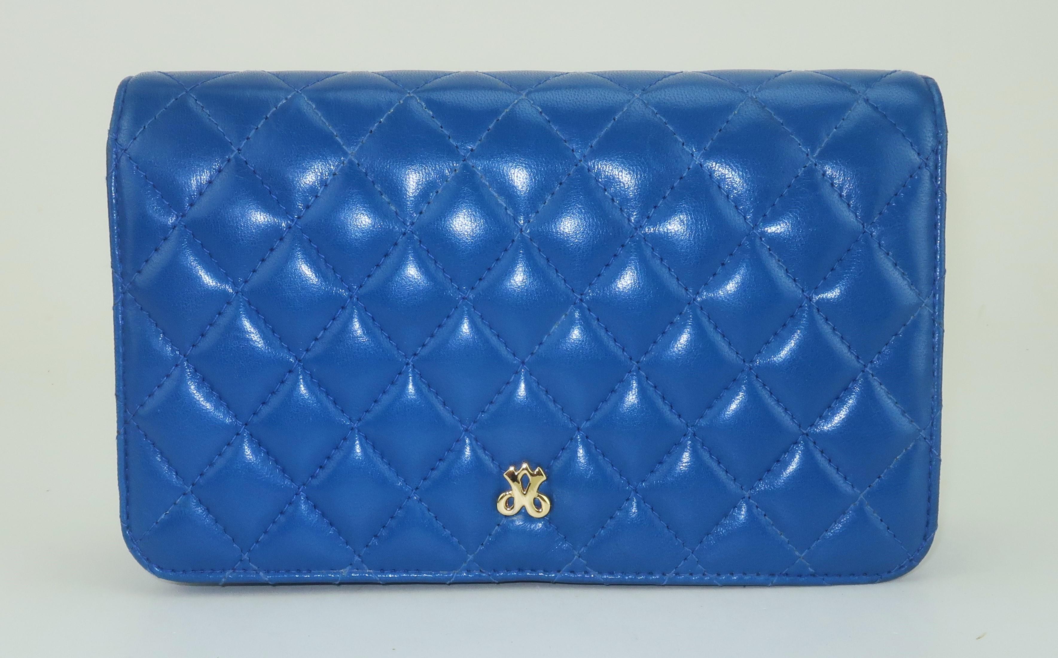 Blu JAY HERBERT Borsa in pelle trapuntata blu reale con manico a catena, anni '80 in vendita