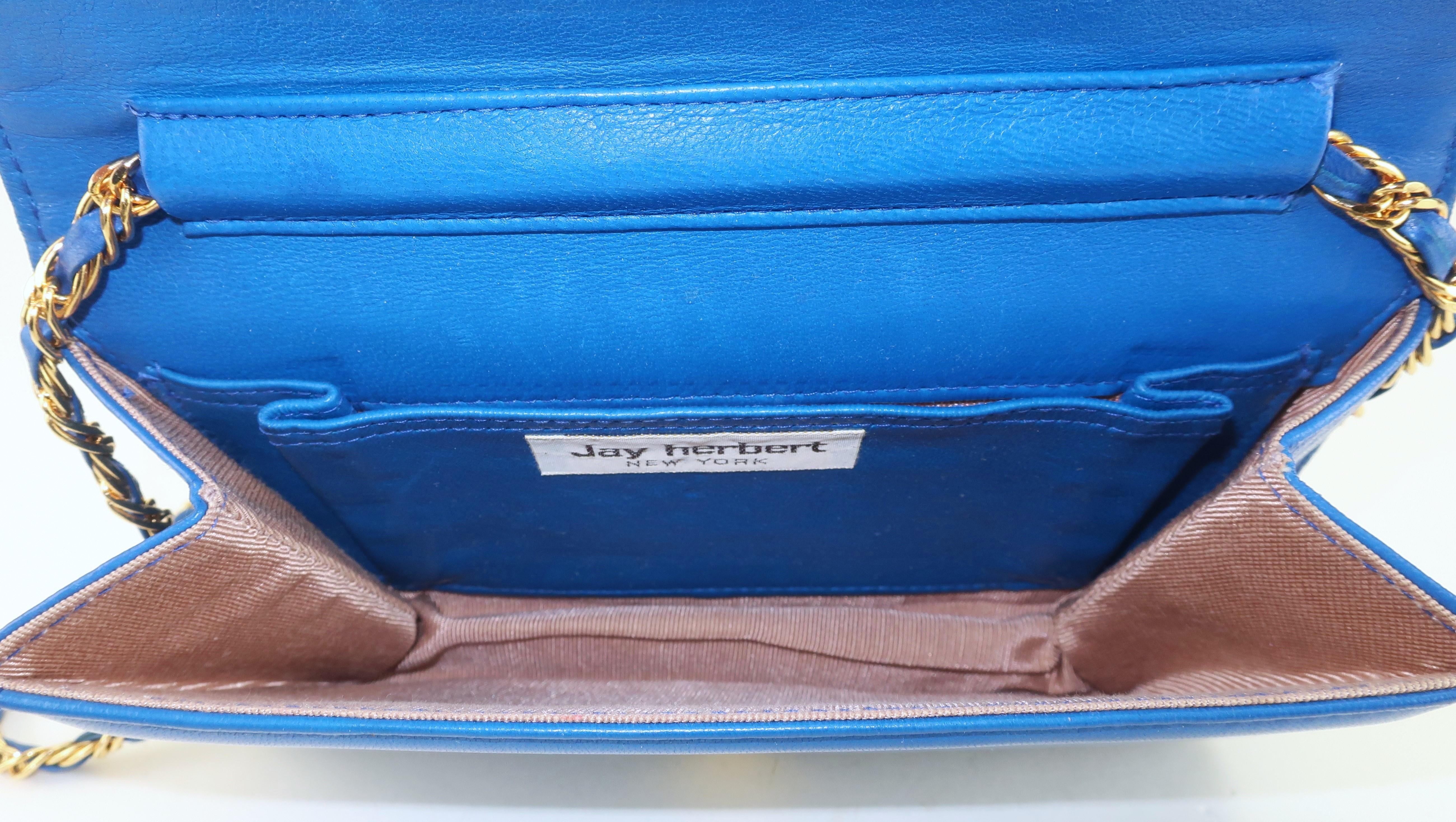 JAY HERBERT Borsa in pelle trapuntata blu reale con manico a catena, anni '80 in vendita 4