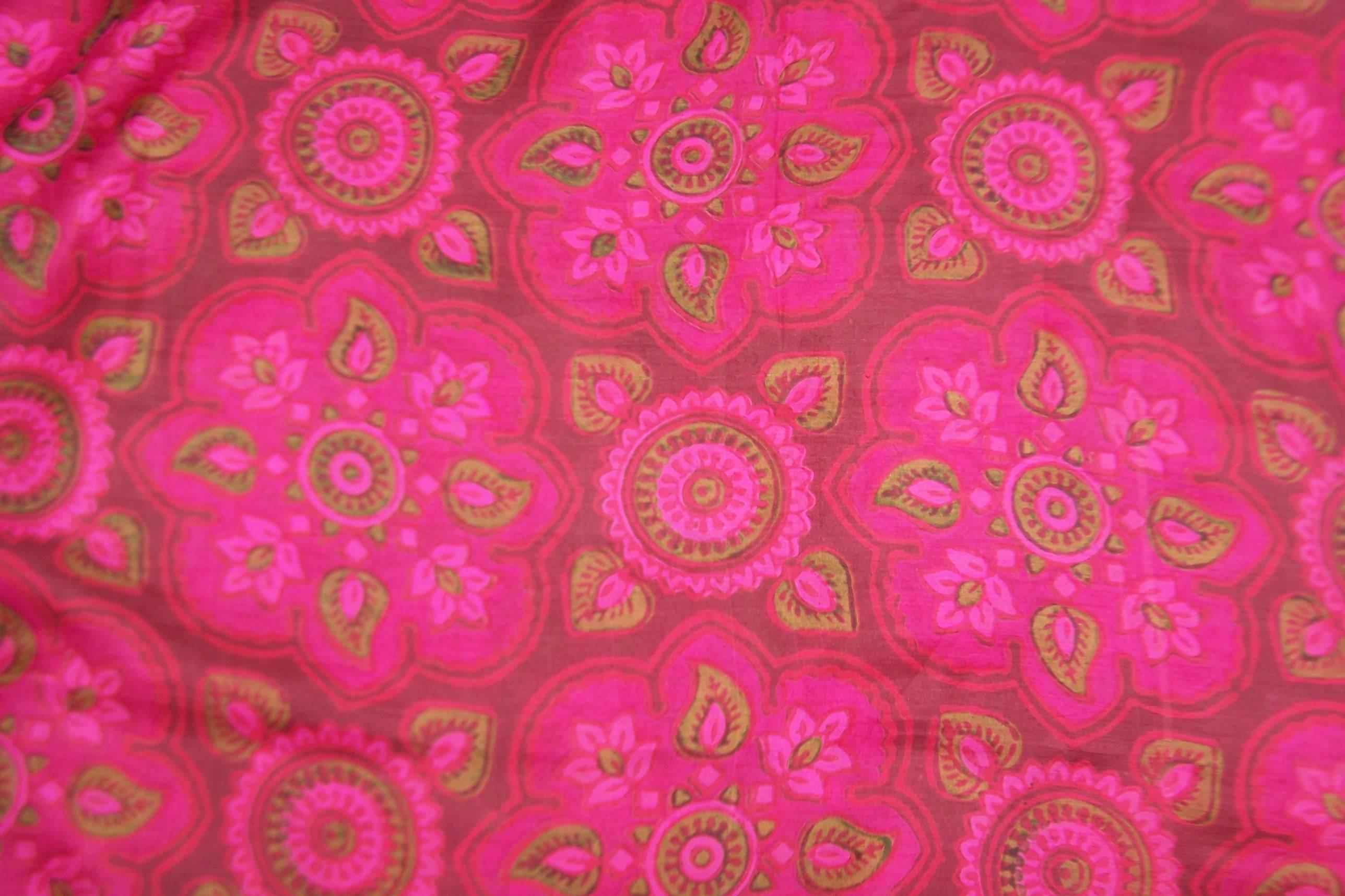 Exotic & Large 1970's Pierre Cardin Hot Pink & Green Indian Silk Scarf In Excellent Condition In Atlanta, GA