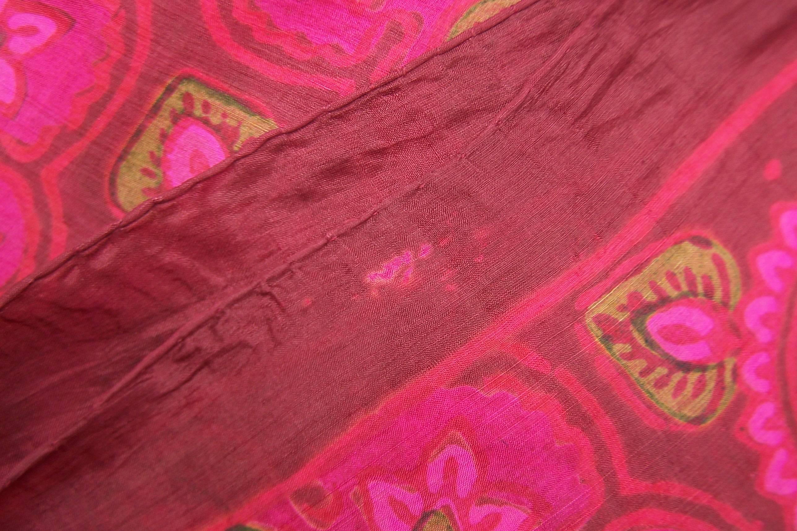 Exotic & Large 1970's Pierre Cardin Hot Pink & Green Indian Silk Scarf 5