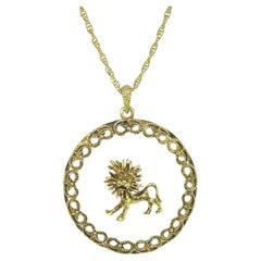 Zodiac Leo Lion Gold Tone Medallion Pendant Necklace, 1960's
