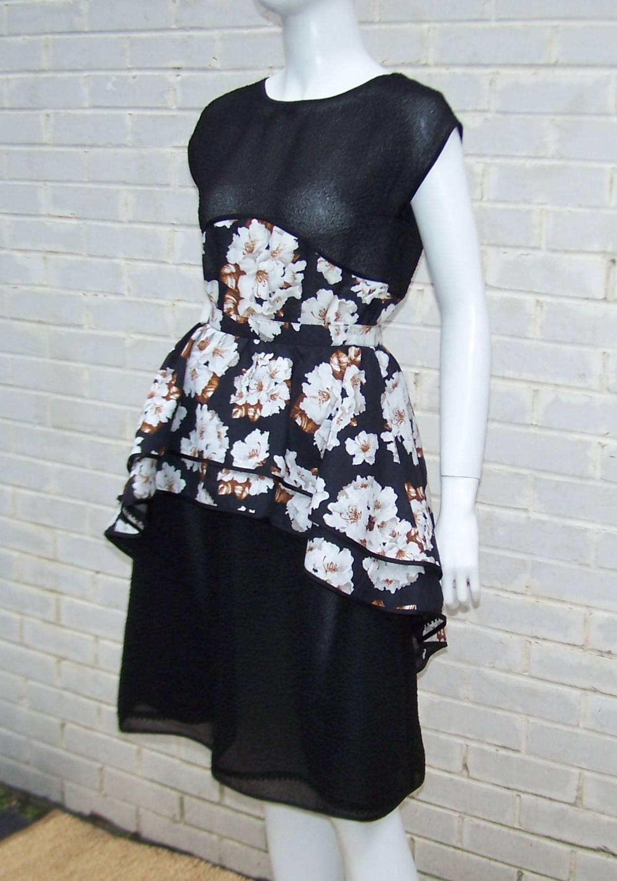 Lovely 1970's Geoffrey Beene Black Floral Two Piece Dress In Excellent Condition In Atlanta, GA