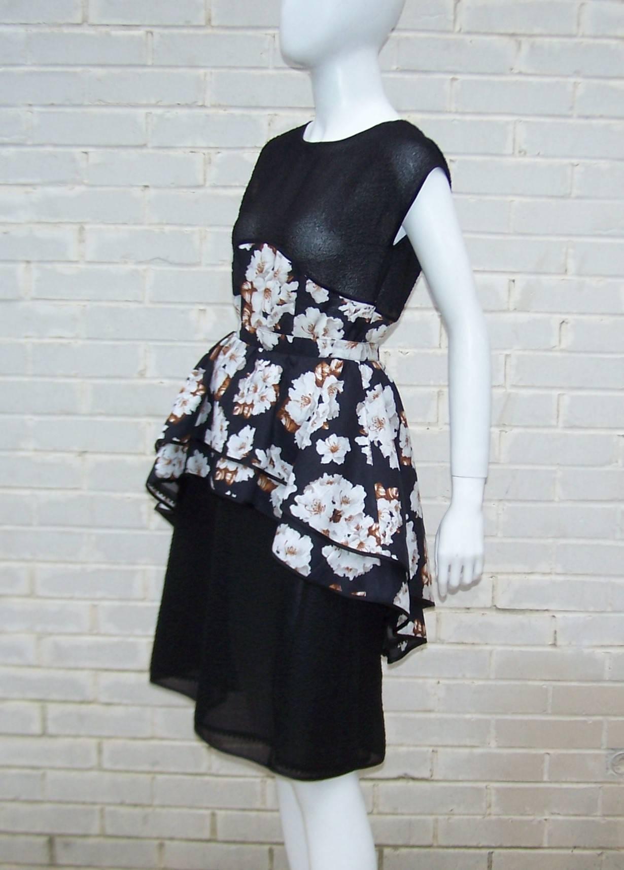 Women's Lovely 1970's Geoffrey Beene Black Floral Two Piece Dress