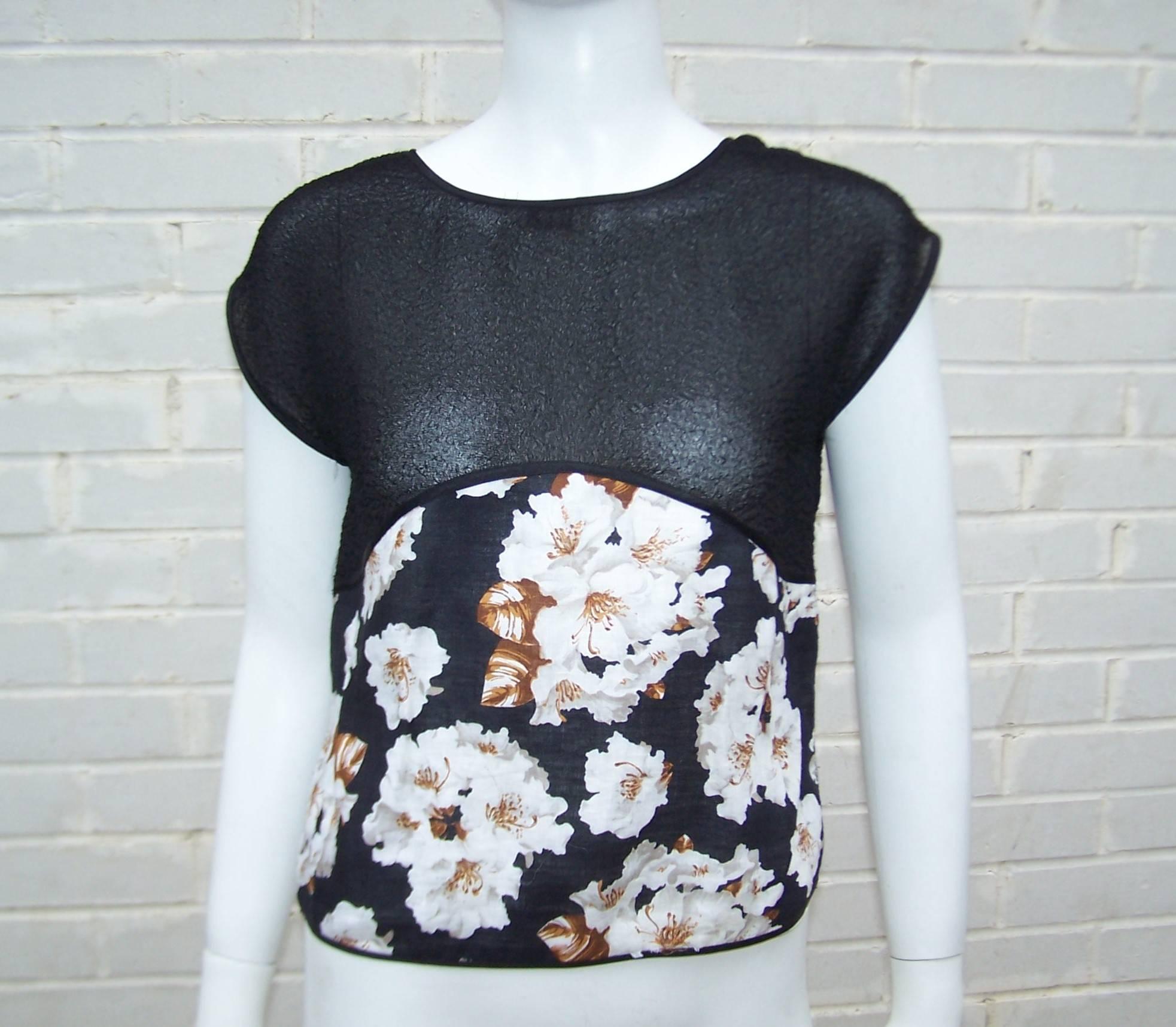 Lovely 1970's Geoffrey Beene Black Floral Two Piece Dress 4