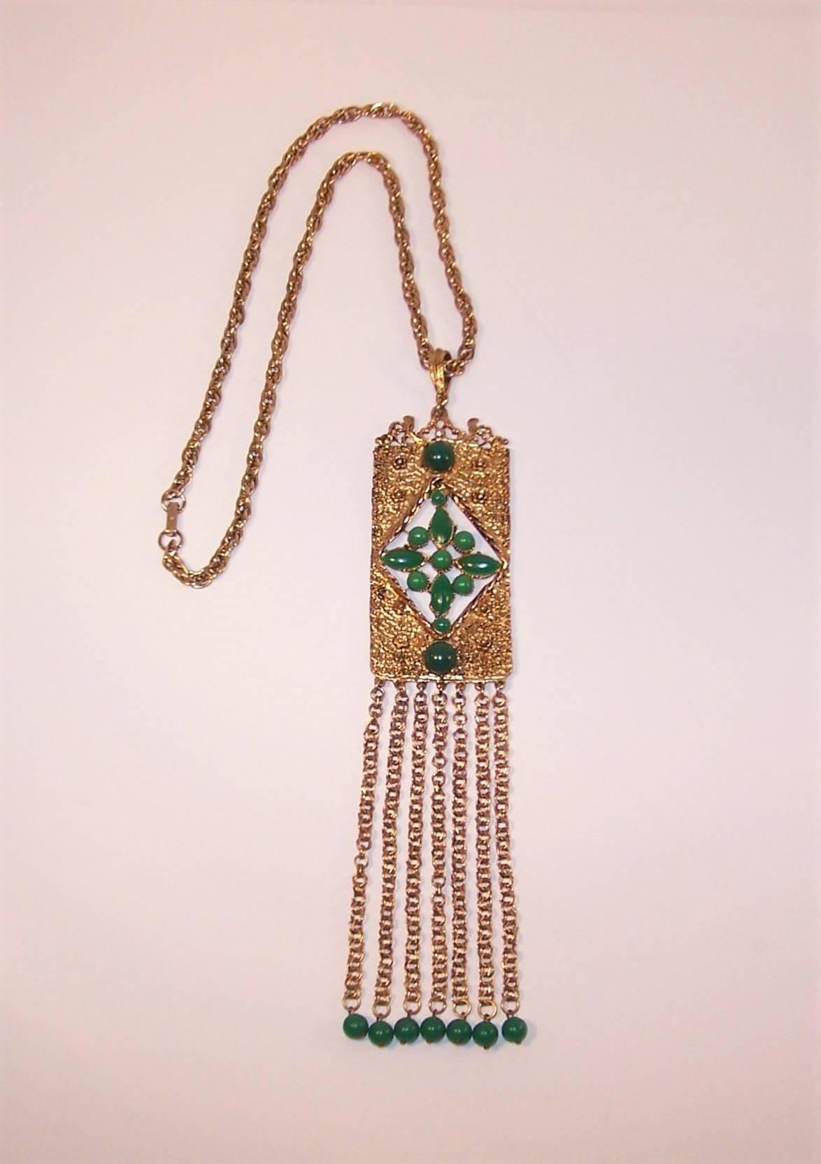 Etruscan Revival C.1970 Brutalist Medallion Necklace With Faux Jade Green Stones