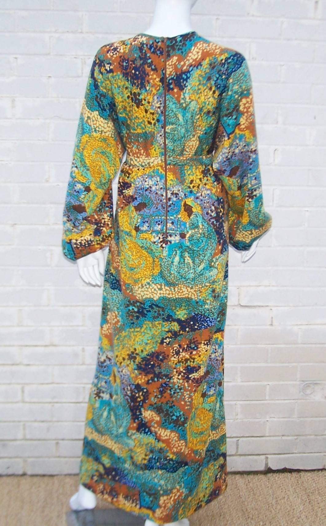 Abstract Impressionist 1970's Goldworm Italian Wool Knit Maxi Dress In Good Condition In Atlanta, GA