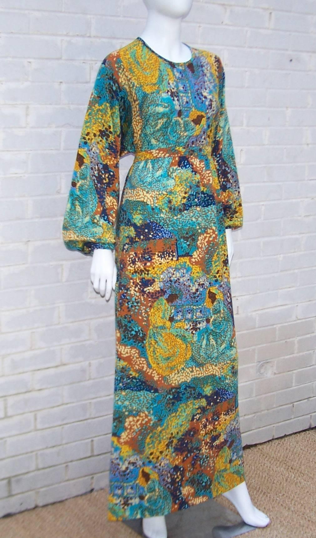 Women's Abstract Impressionist 1970's Goldworm Italian Wool Knit Maxi Dress
