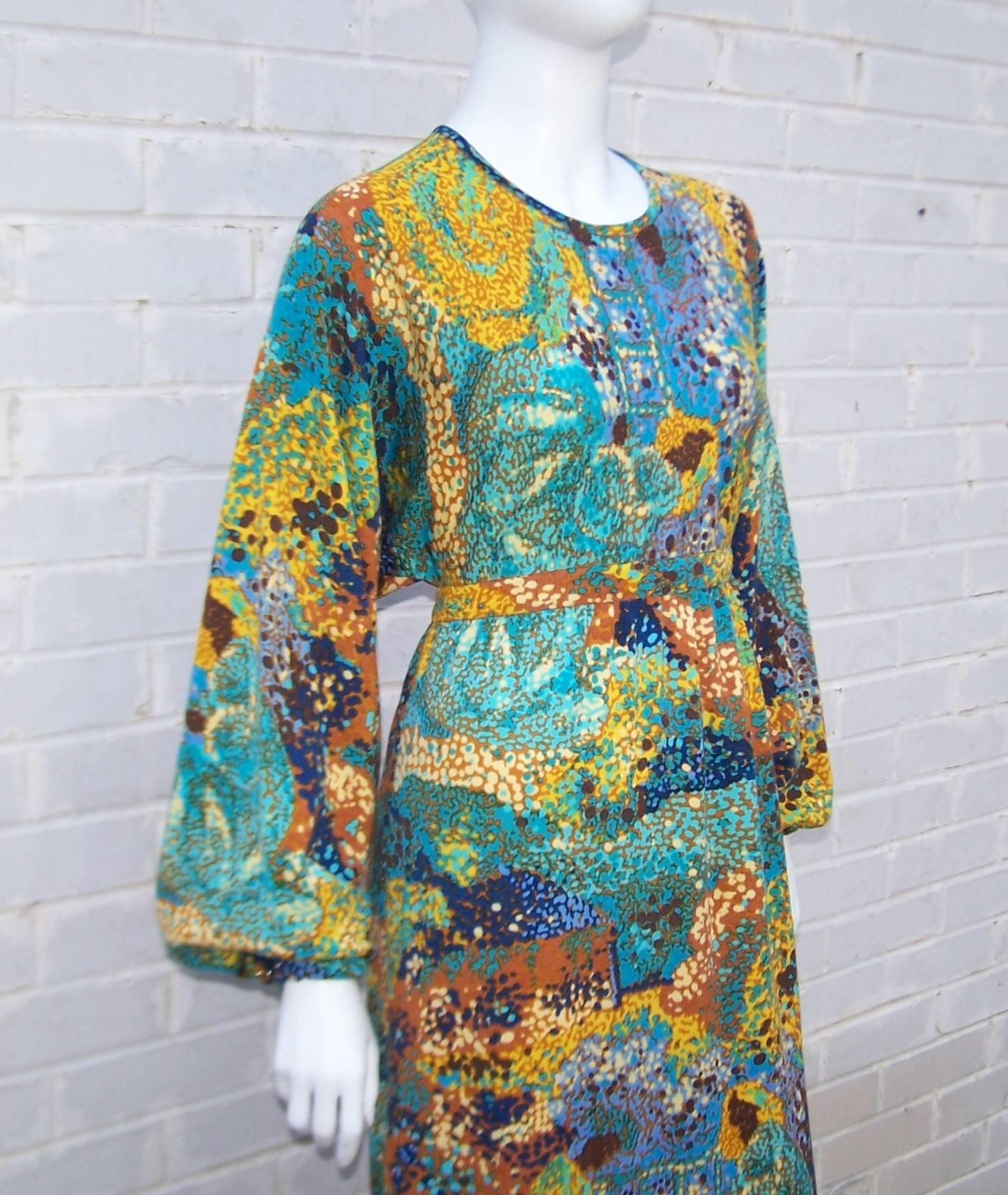 Abstract Impressionist 1970's Goldworm Italian Wool Knit Maxi Dress 1