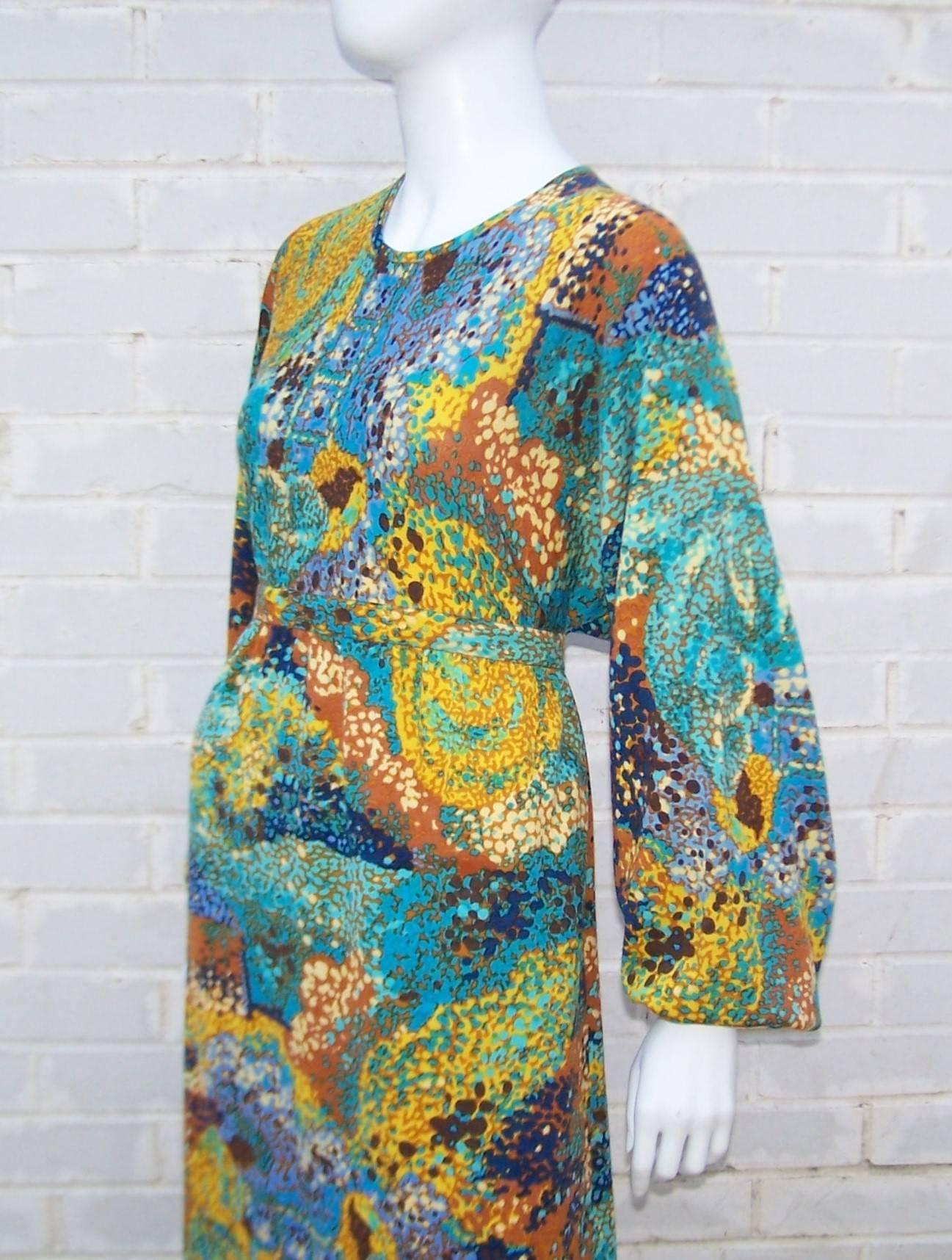 Abstract Impressionist 1970's Goldworm Italian Wool Knit Maxi Dress 2