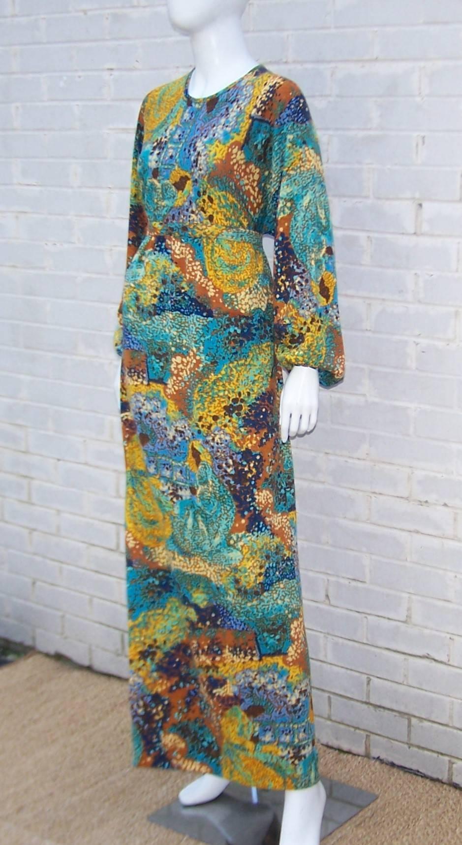 Abstract Impressionist 1970's Goldworm Italian Wool Knit Maxi Dress 3